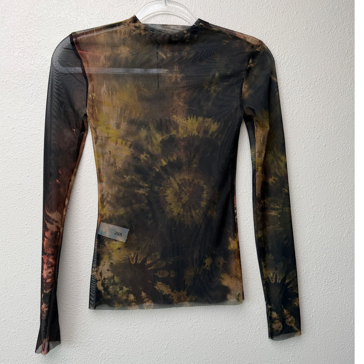 NWT Zara Tie Dye Sheer Mesh Mock Neck Long Sleeve Top
