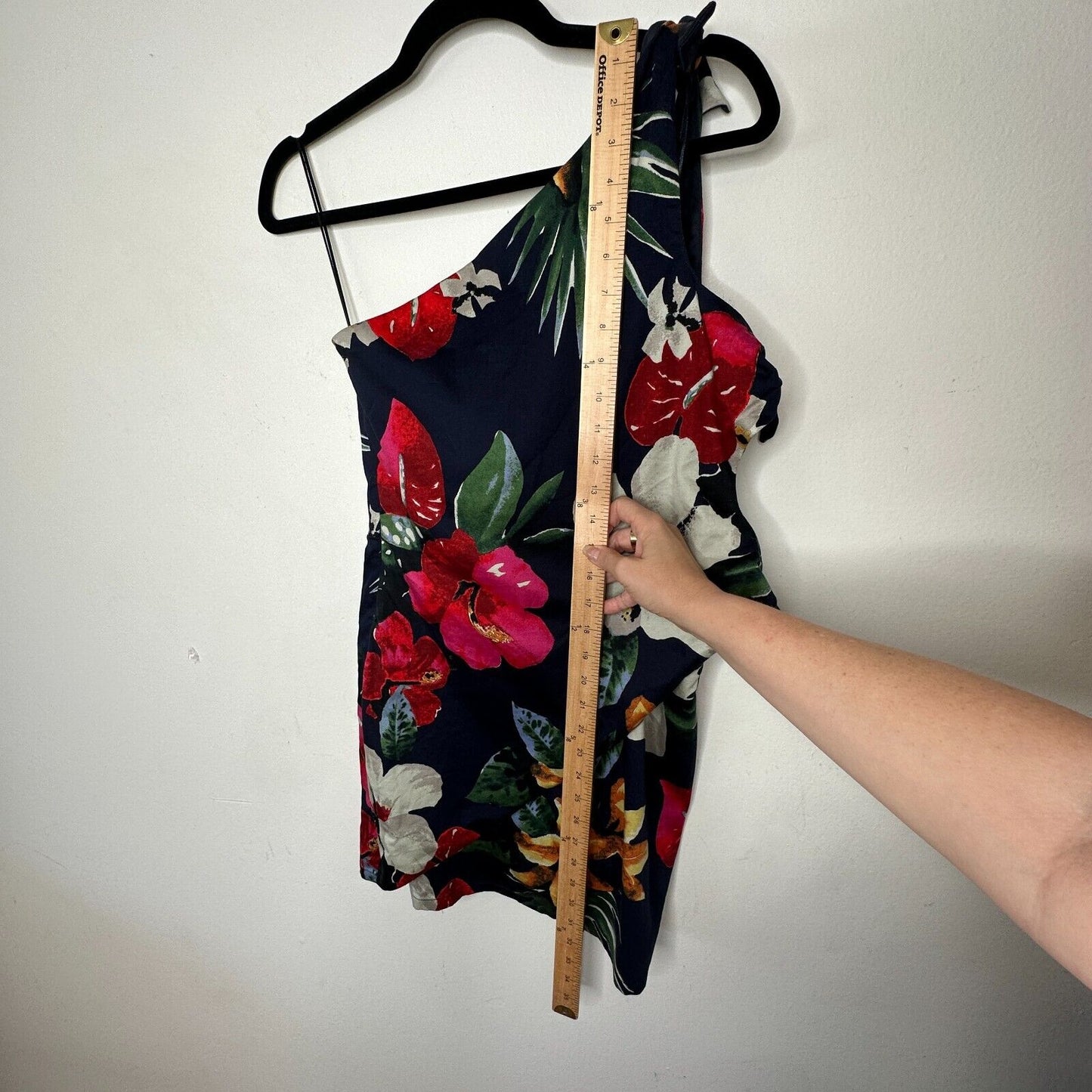 Zara Navy Red White Floral 3 Side Tie One Shoulder Mini Dress Side Zip Medium