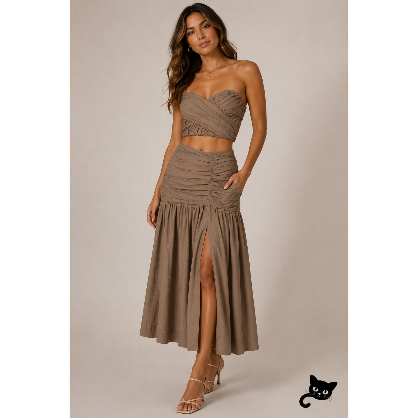 NWT BEC + BRIDGE 2-Piece Mocha Sweetheart Neck Bandeau & Pleat Gathered Skirt 2