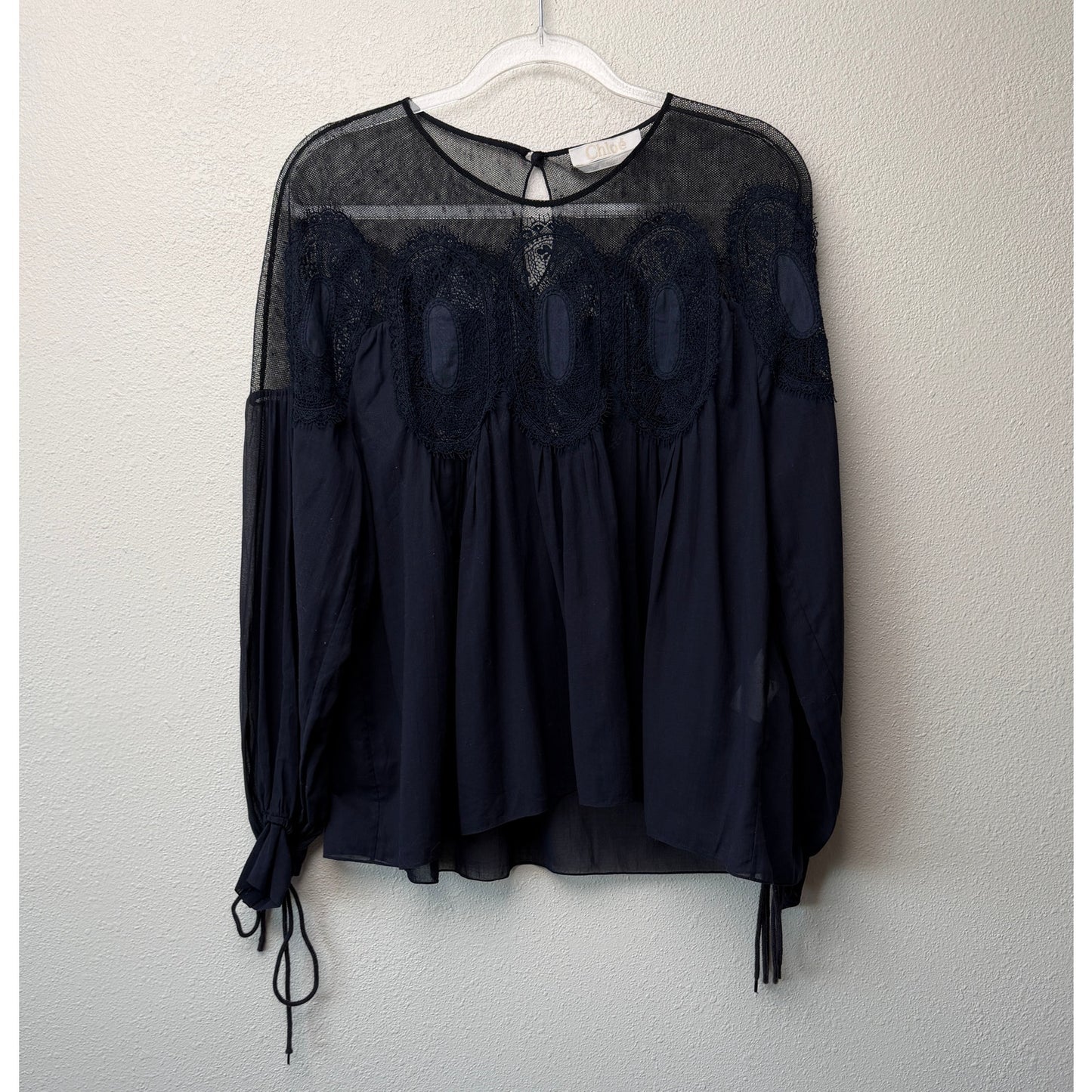 Chloe Womens Navy Lace Mesh Babydoll Blouse US 6