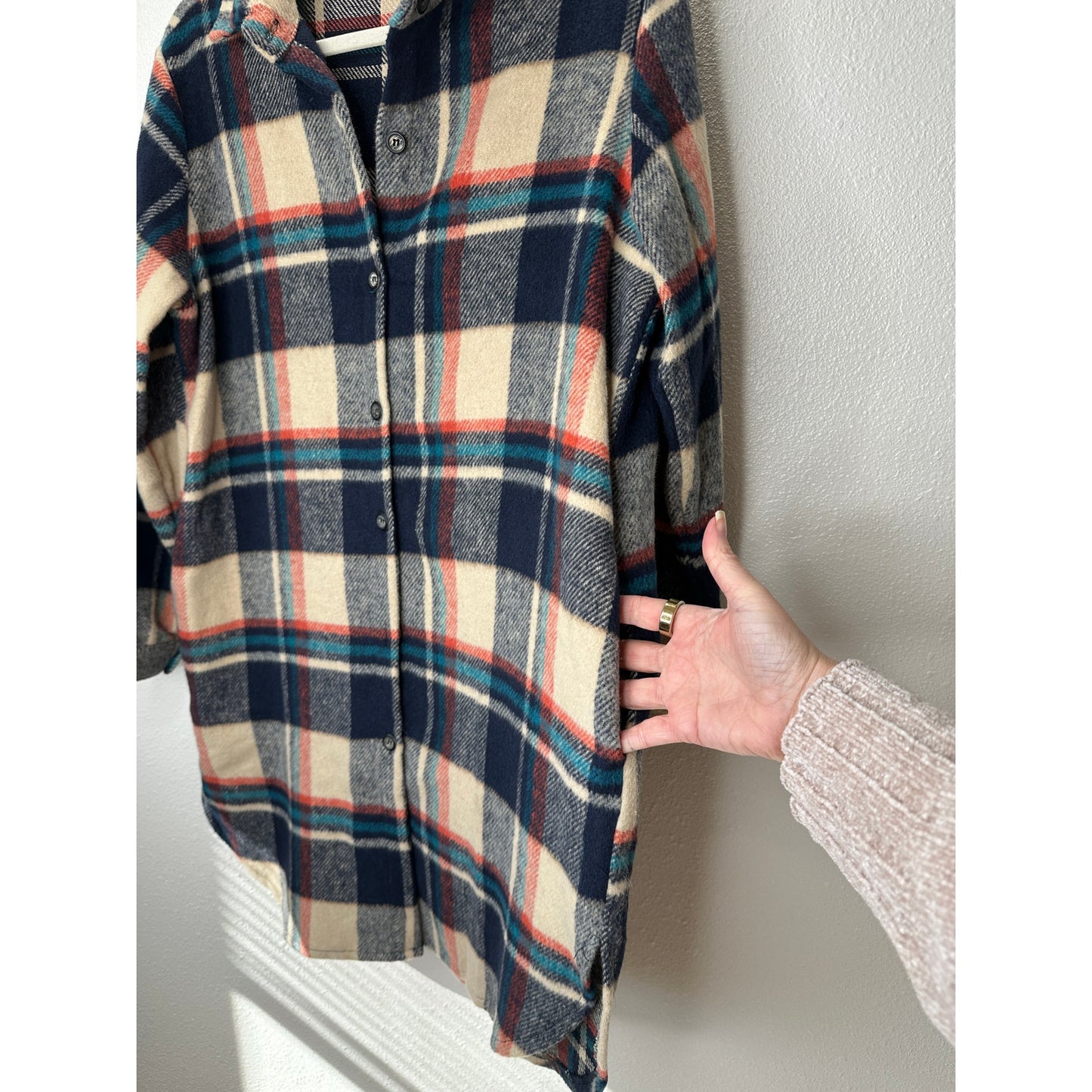 Urban Daizy Tan Navy Orange Plaid Button Long Sleeve Shacket M