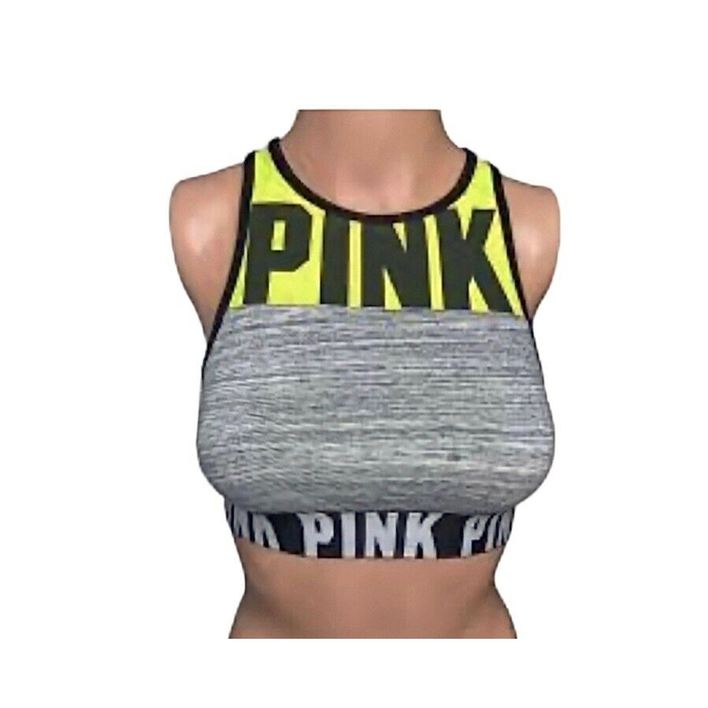 Victoria Secret Pink Gray White Yellow Black Logo Racerback Sports Bra S