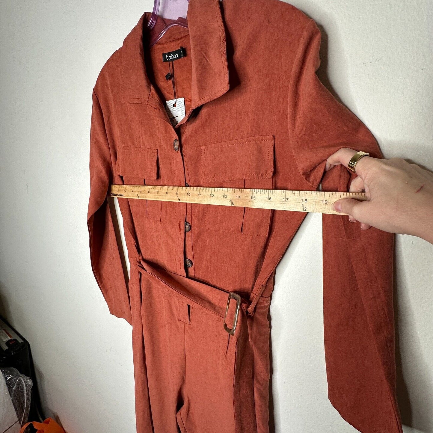 NWT Boohoo Rust Utility Cargo Belted Jumpsuit Tapered Leg Front Safari Pocket 7