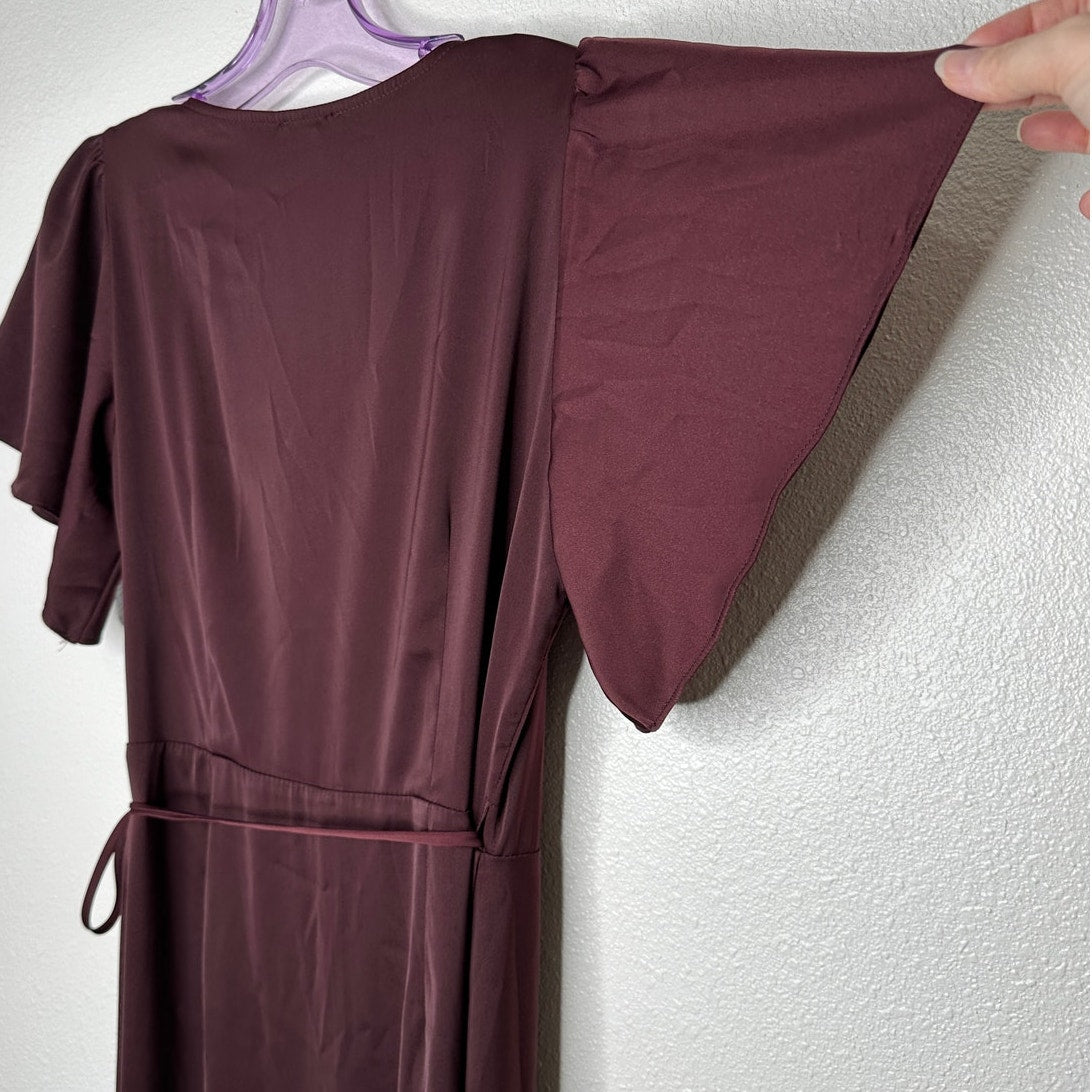 Chelsea28 Burgundy Maroon Flutter Sleeve Ruffle V-Neck Wrap Dress S