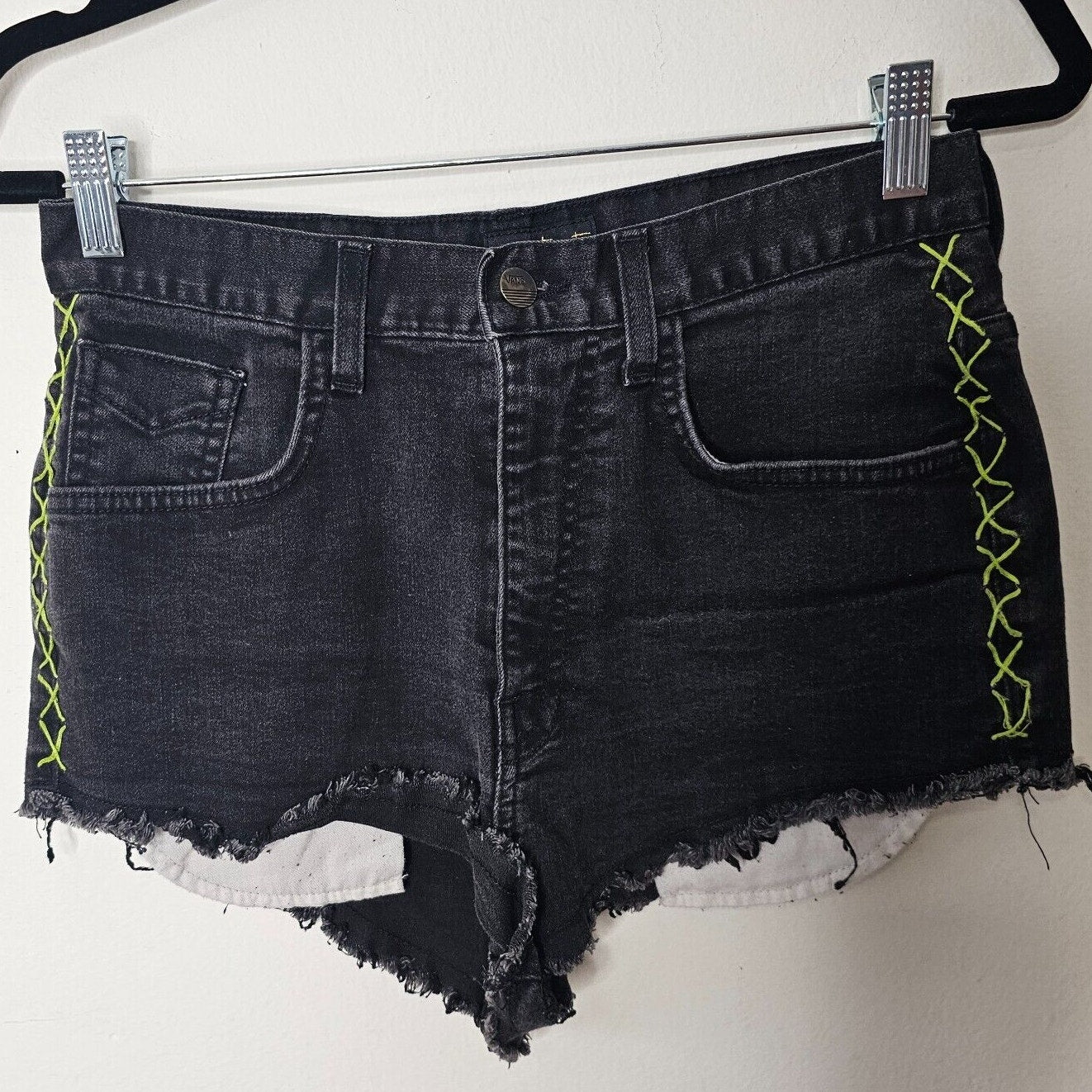 Vans Jesse Jo Black Distressed Raw Hem High Waist Short Lime-Green Side Stitch 9