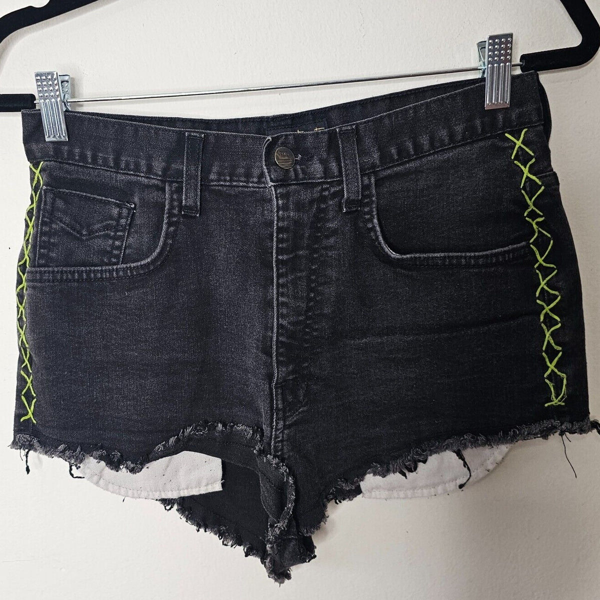Vans Jesse Jo Black Distressed Raw Hem High Waist Short Lime-Green Side Stitch 9