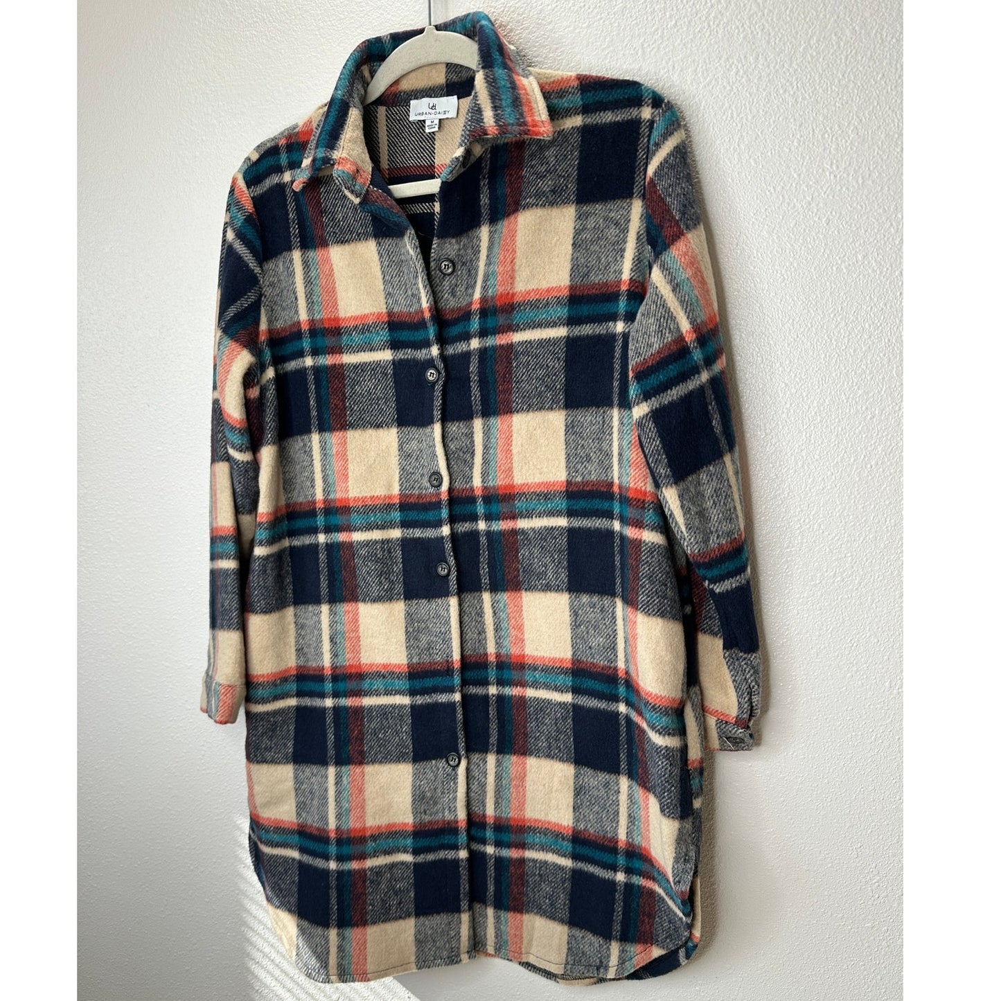 Urban Daizy Tan Navy Orange Plaid Button Long Sleeve Shacket M