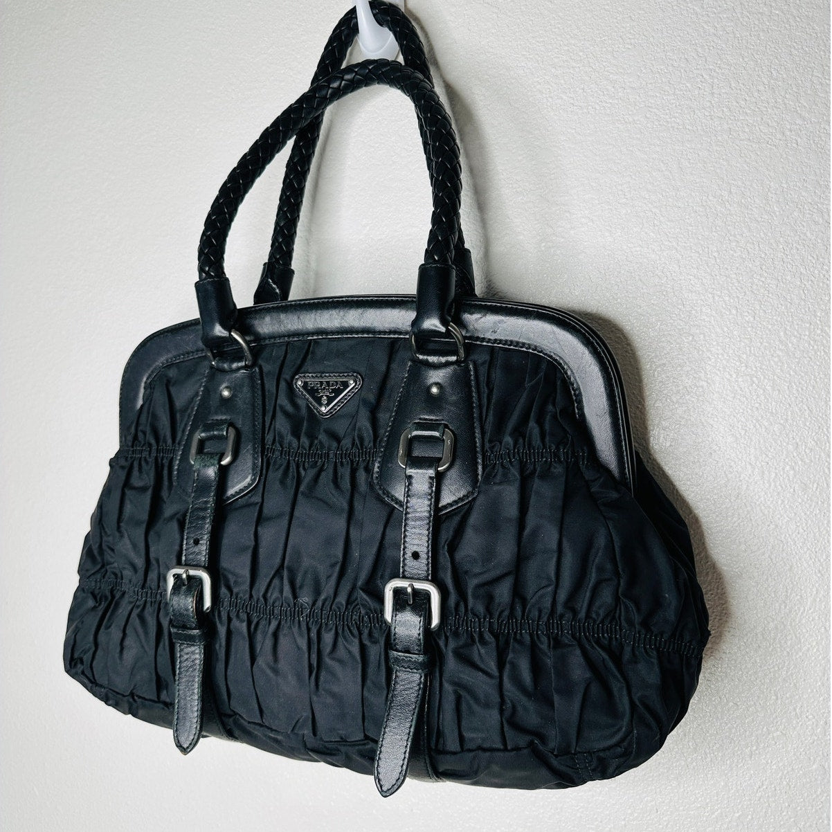 Prada Vintage 90s Black Nylon & Leather Buckle Braided Handle Purse