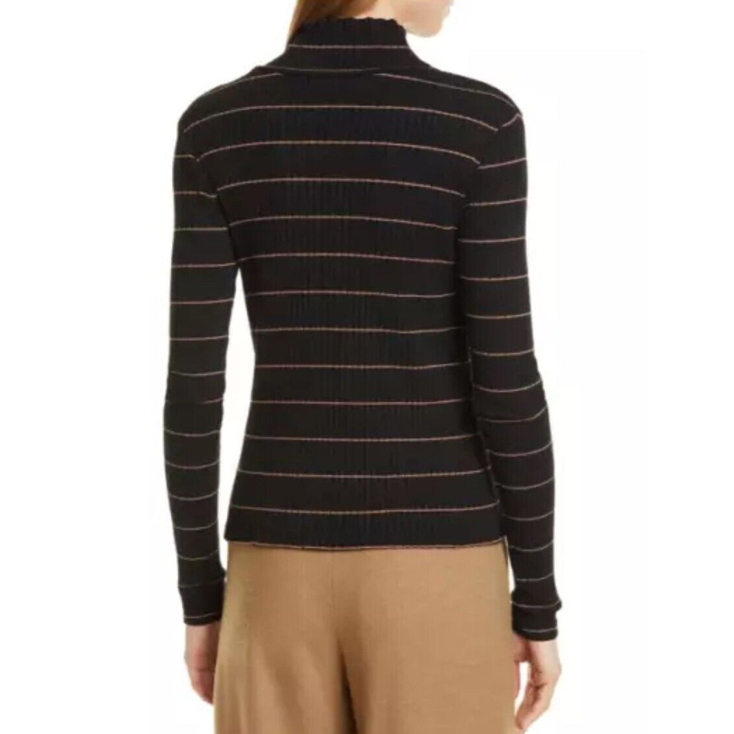 Vince Casual Black With Tan Stripe Ribbed Knit Turtleneck Long Sleeve Sweater XS