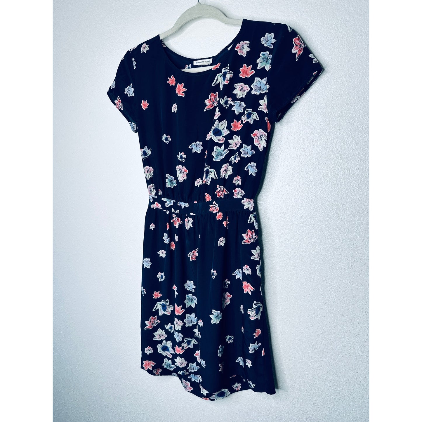 Club Monaco Ruth 100% Silk Navy Floral Open Back Dress pink blue 00