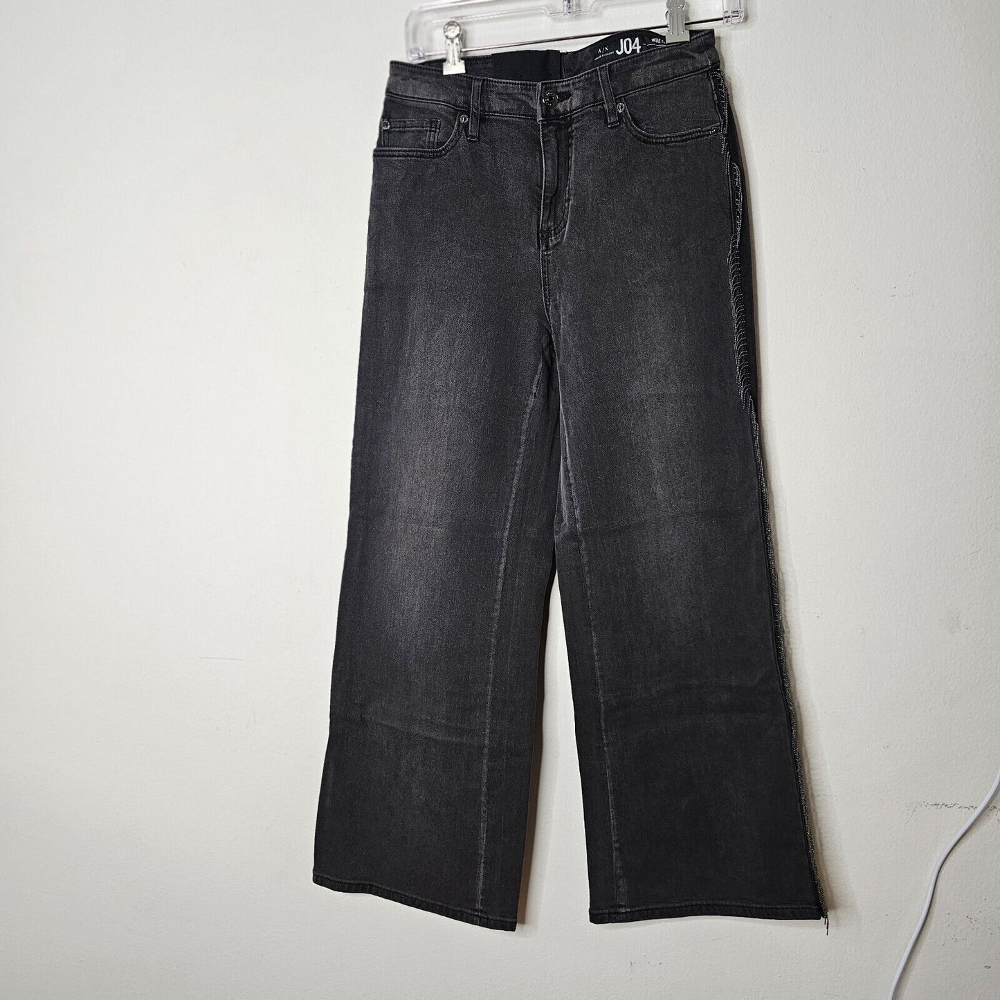 NWOT Armani Exchange Dark Gray J04 Wide Cropped Silver Beaded Fringe Jeans 27R