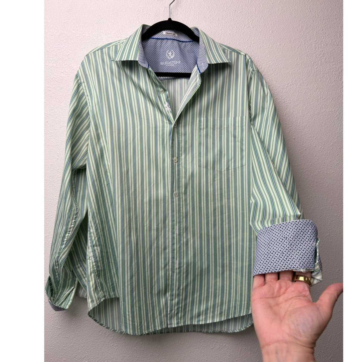 Bugatchi Shaped Fit Stripe Button Front Shirt Green Men’s L