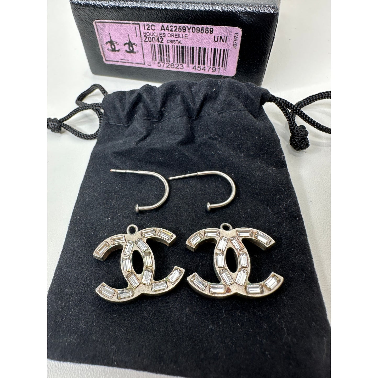 Chanel Baguette Stone Logo Silver Earrings Boucles Oreille Crystal