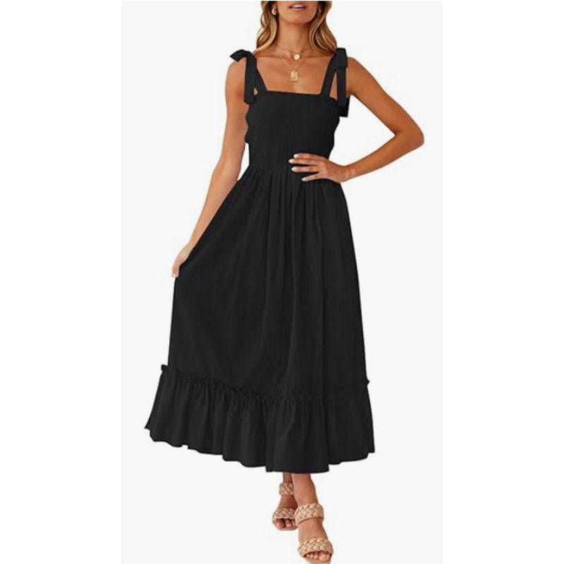 Zesica Women’s Black Tie-Strap Smocked Maxi Dress US S
