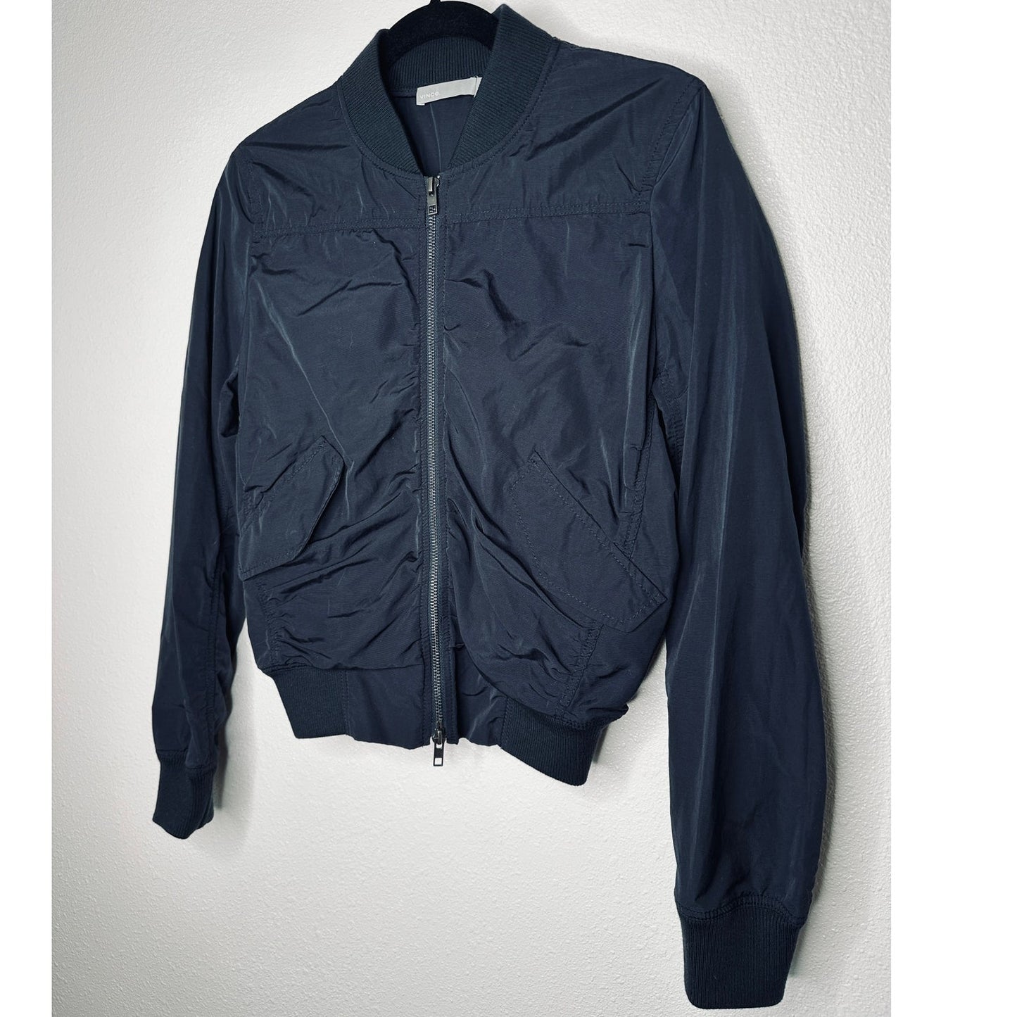 Vince Black Ruched Bomber Style Zip Jacket With Pockets Small