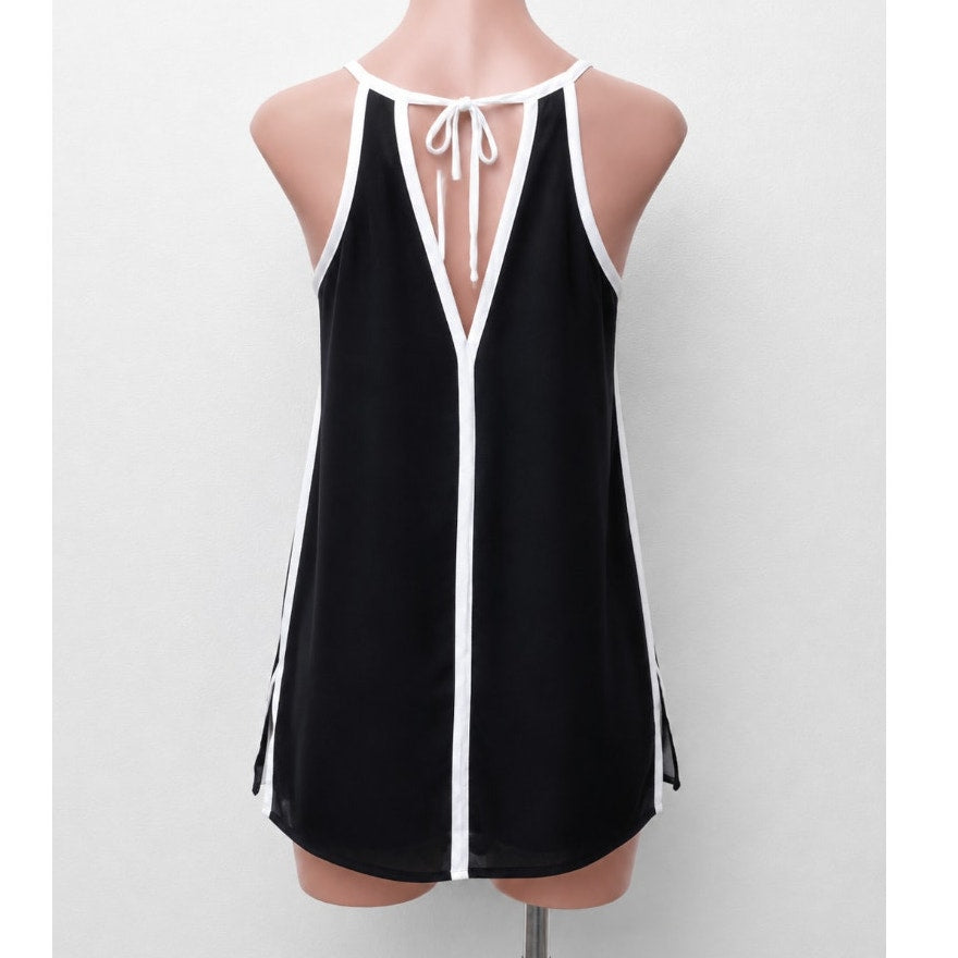 FATE Black & White Lined Stripe Tie Side Back Flowy Halter Blouse Top Small