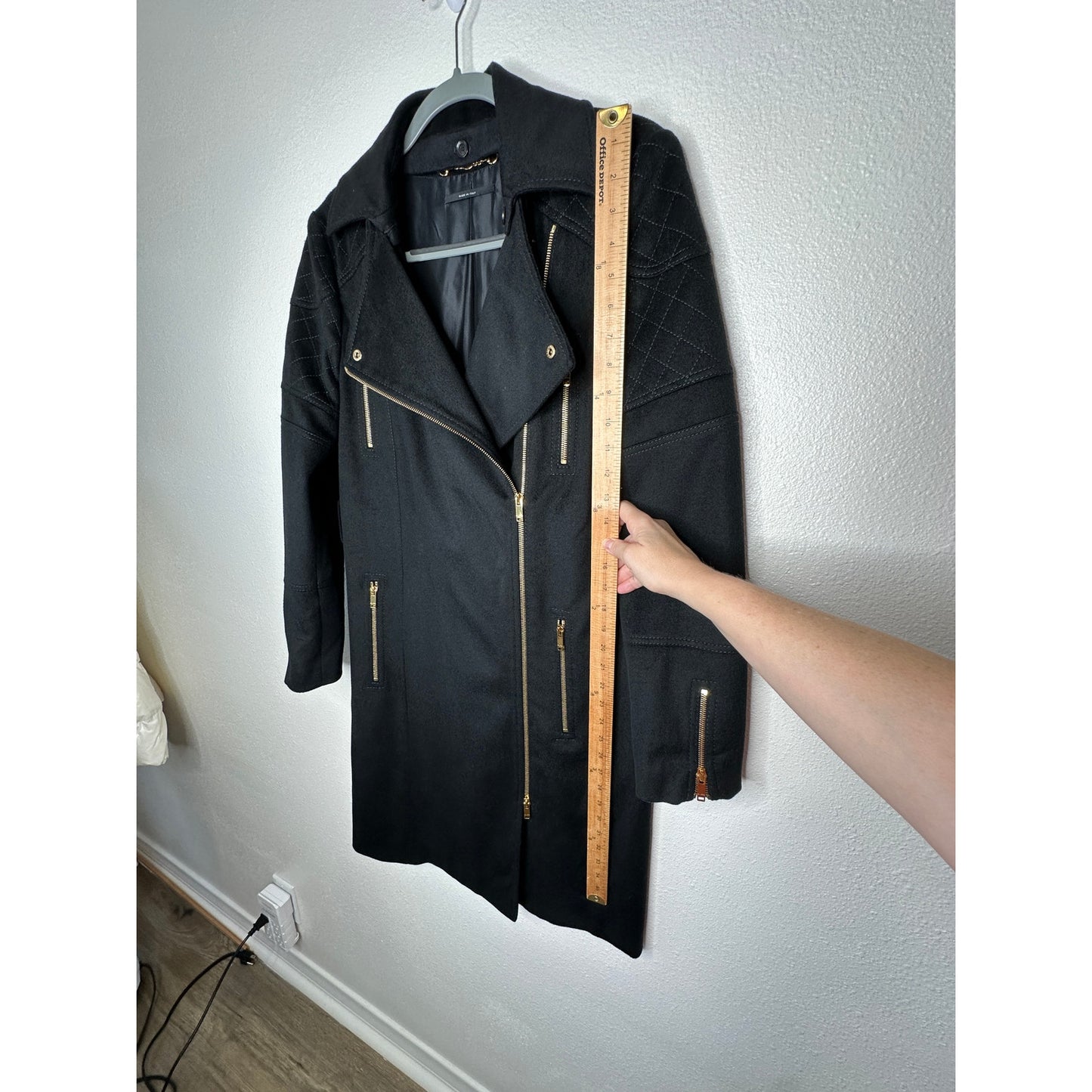 Gucci Black Wool Cashmere Sueded Gold Zip Long Line Trench Coat Jacket 44