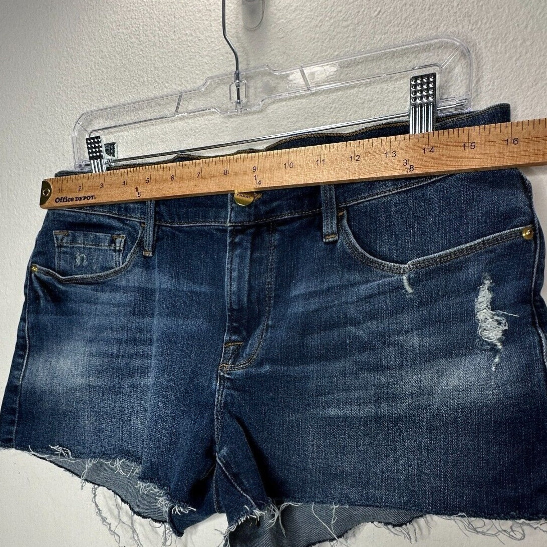 Frame Le Cut Off Azure Jean Shorts Raw Edge Frayed Hem Fading & Whiskering 28