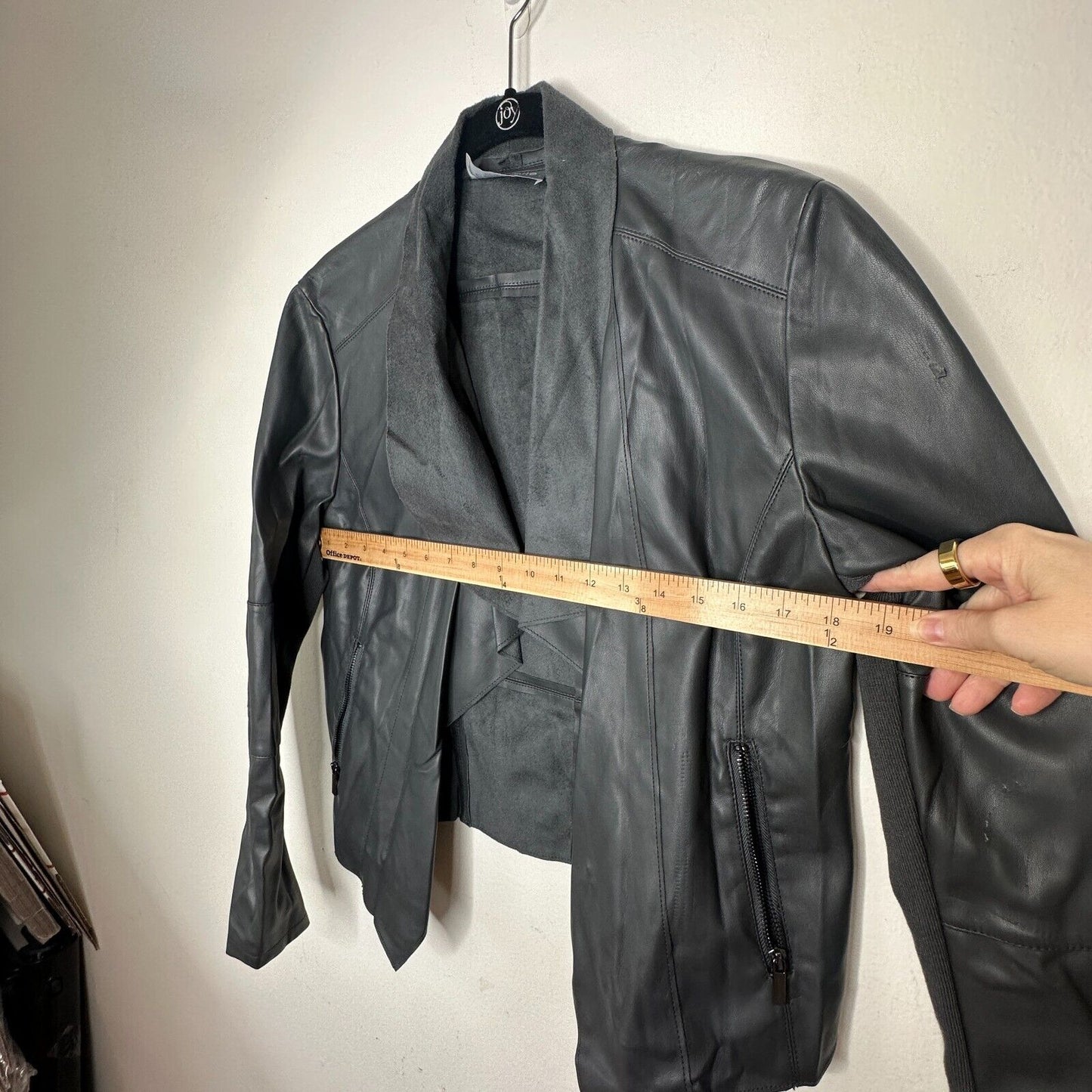 Bagatelle Pewter Gray Faux Leather Open Front Waterfall Jacket Zip Pocket Medium