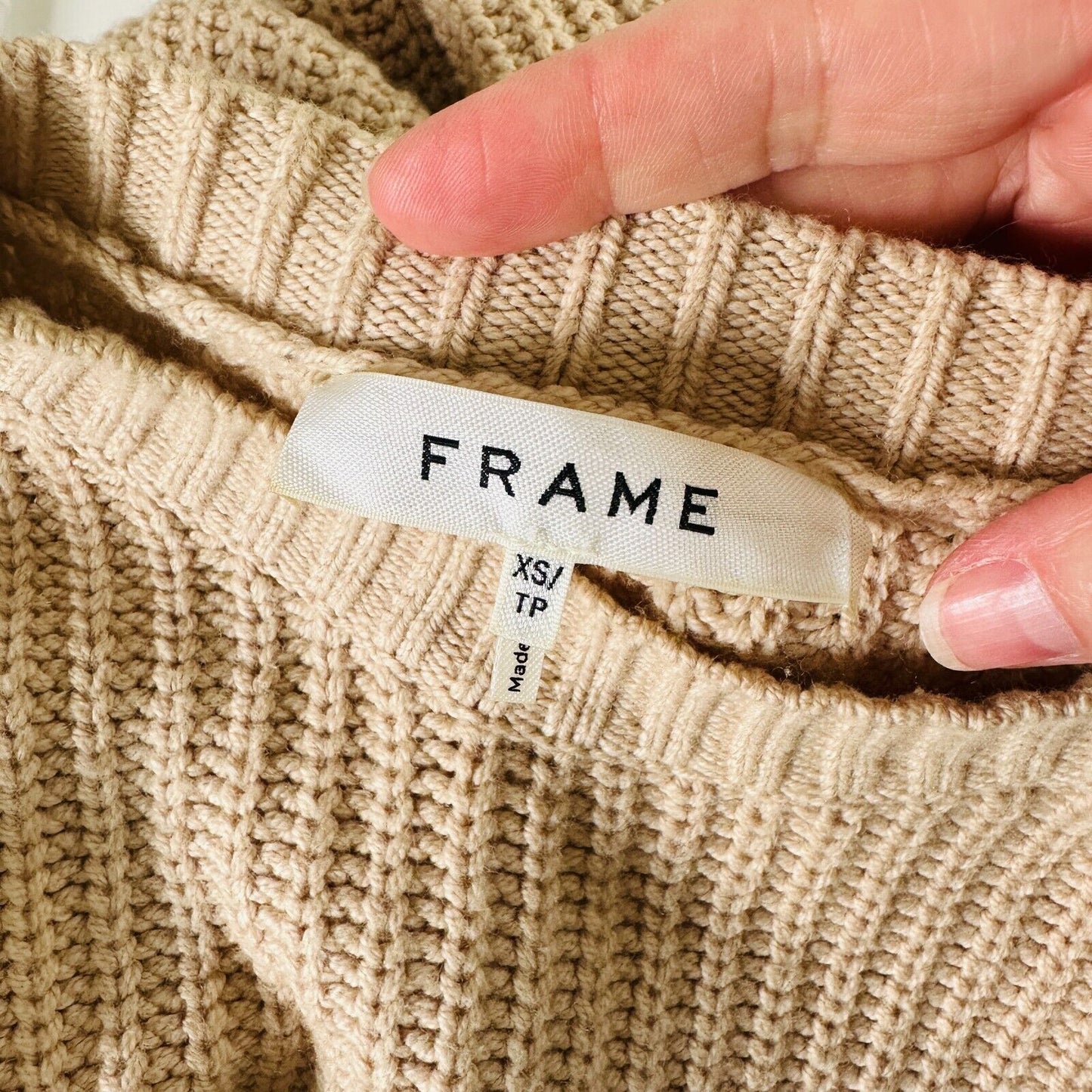 Frame Tan Ribbed Cable Knit Crew Neck Balloon Puff-Sleeve Banded Crop Sweater XS