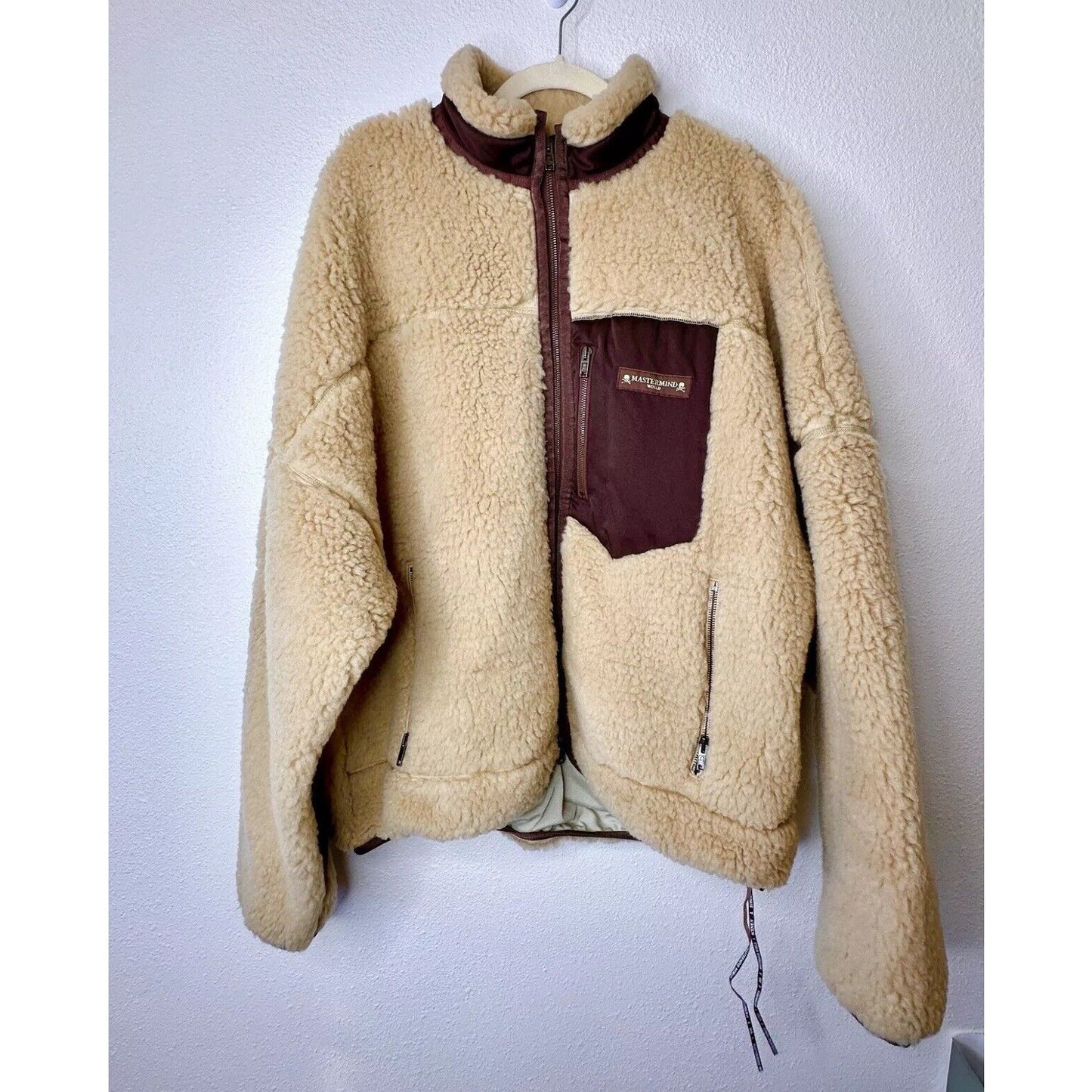 NWT Mastermind World Beige & Brown Cashmere Sherpa Jacket Skull & Crossbone Back