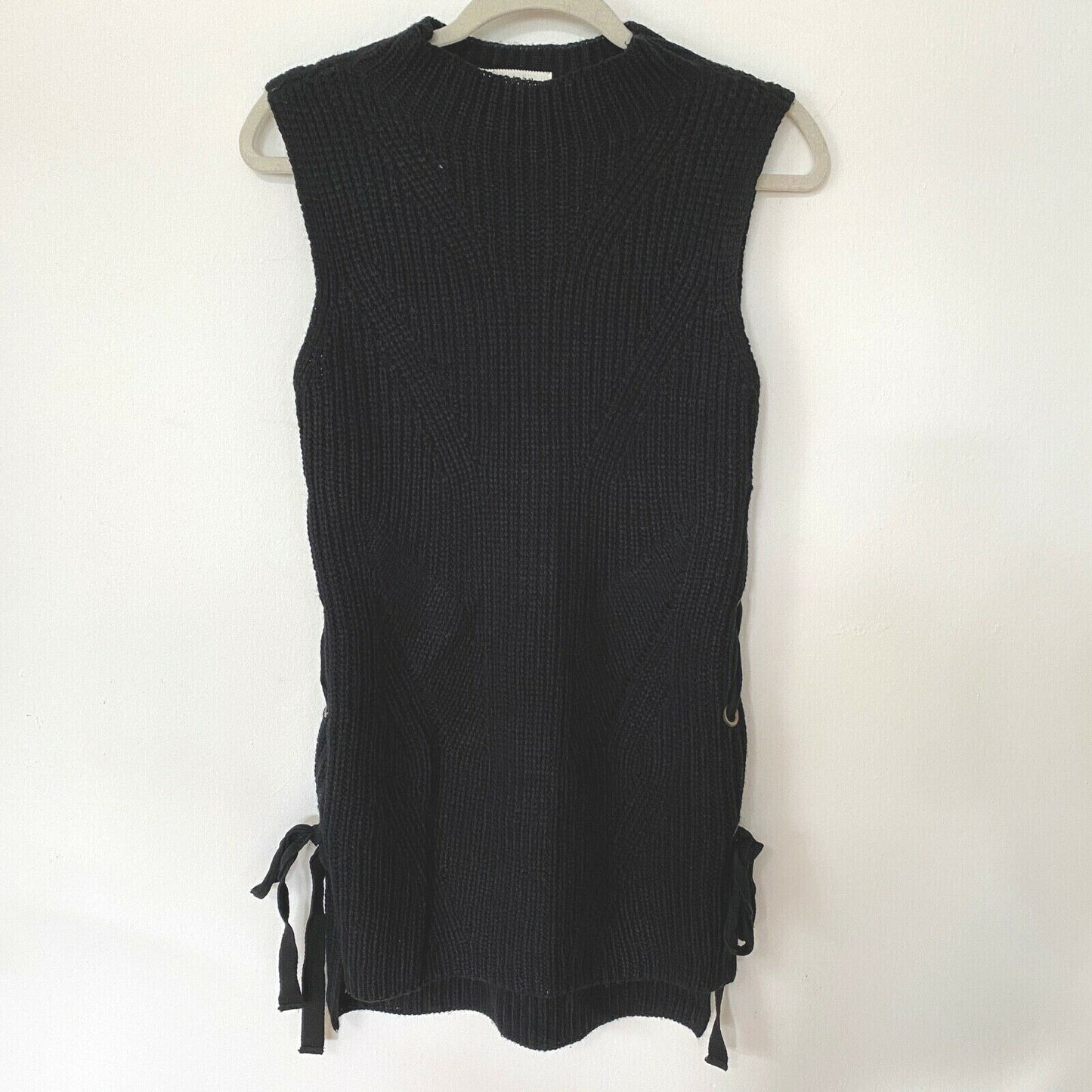 Monteau Black Sleeveless Ribbed Sweater Mini Dress Side Grommet Tie-Lace Up S