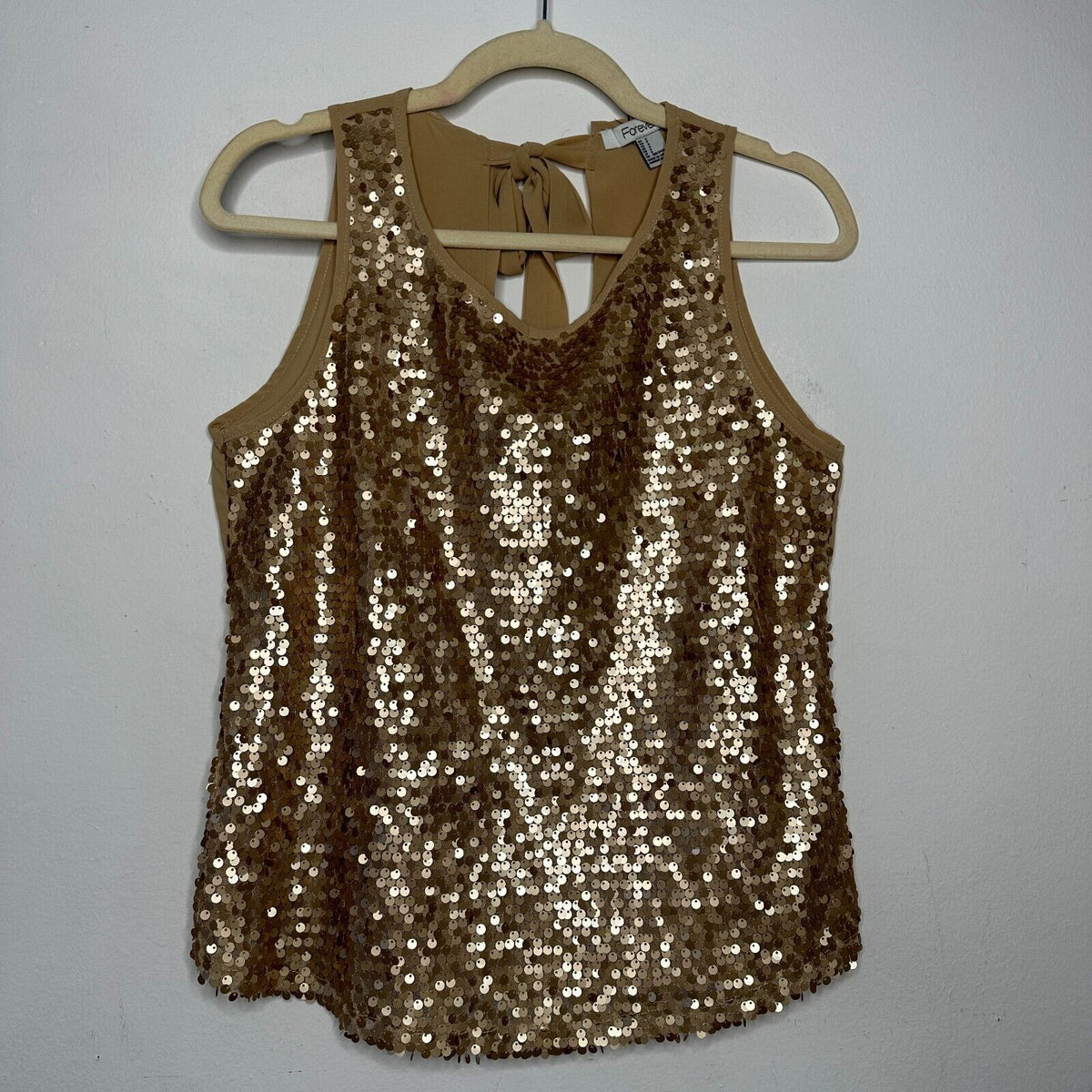Night Out Copper Metallic Gold Sequin Sleeveless Open Back Tie Tank Blouse S