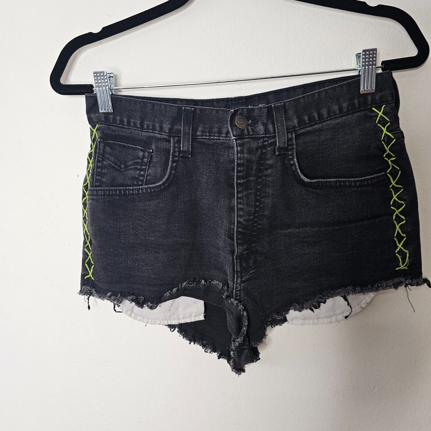 Vans Jesse Jo Black Distressed Raw Hem High Waist Short Lime-Green Side Stitch 9