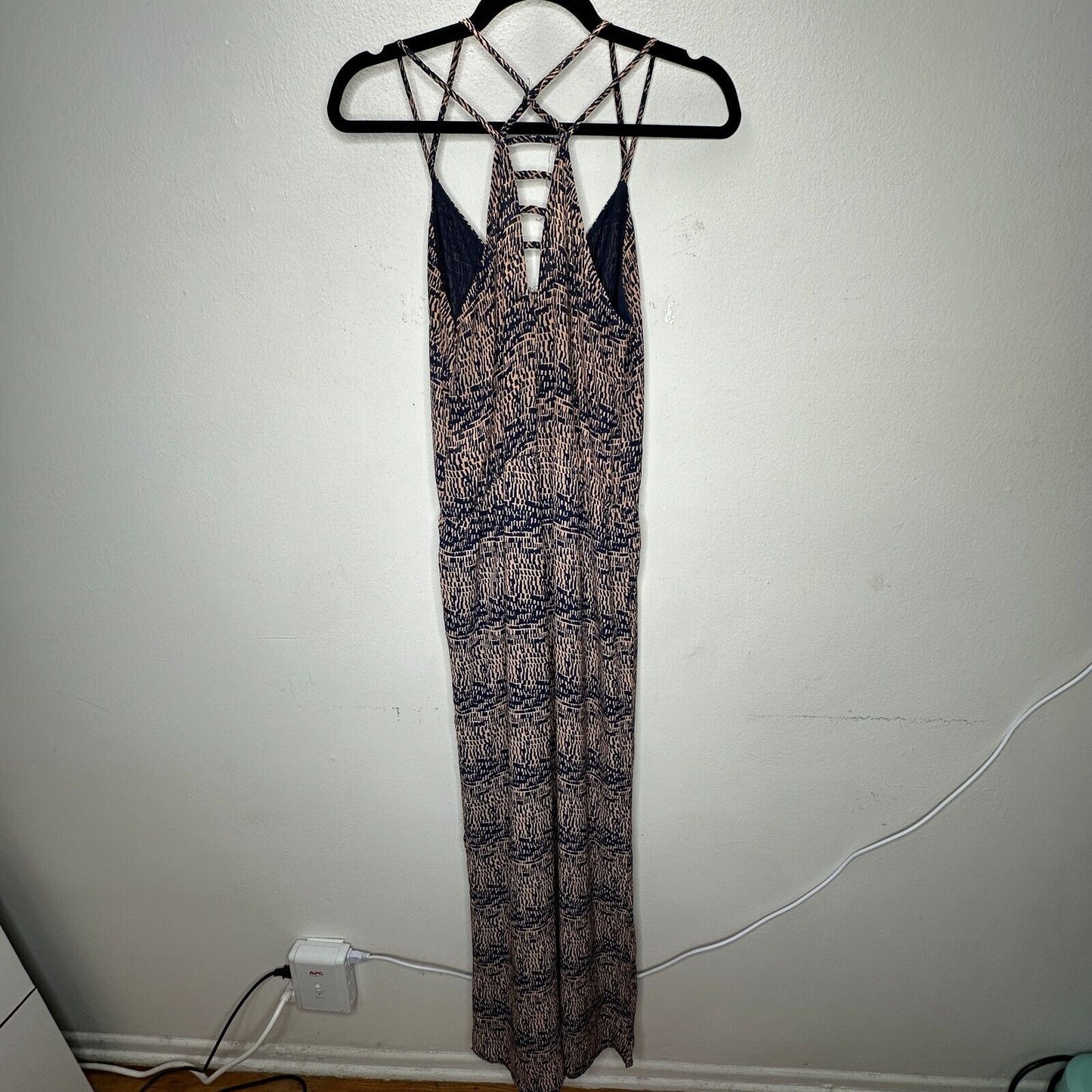 Fora Tan & Navy Front Button Strappy Decorative Back Wide Leg Jumpsuit Small