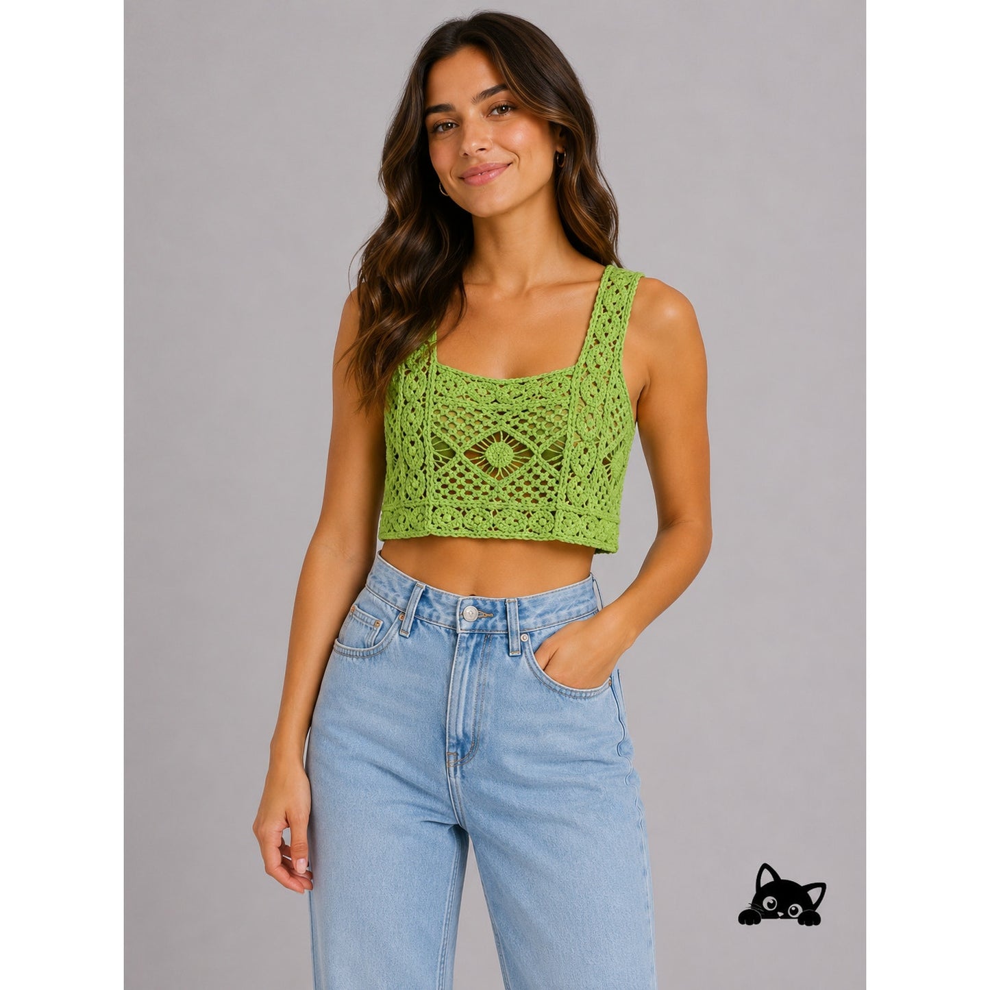 NWT Zara Cute Boho Lime Green Square Neck Boxy Crochet Crop Tank Top Small