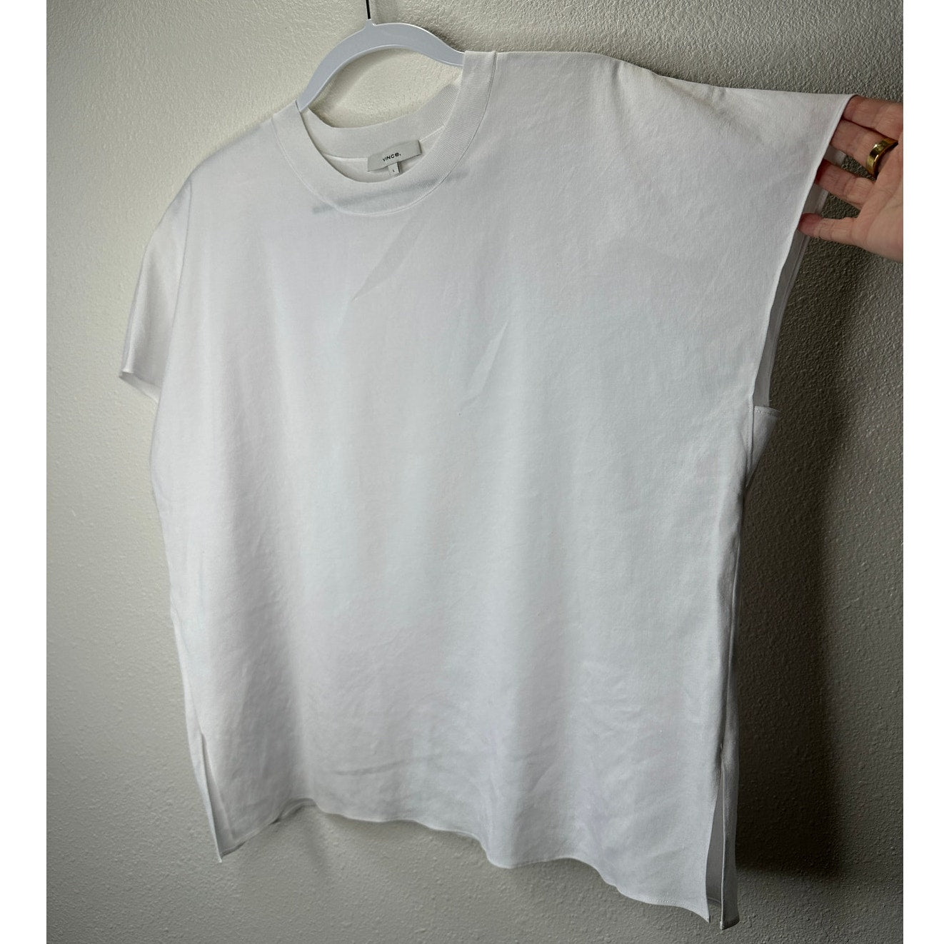 Vince White Linen Round Neck Cap Sleeve Side Slit Boxy Tee Top L