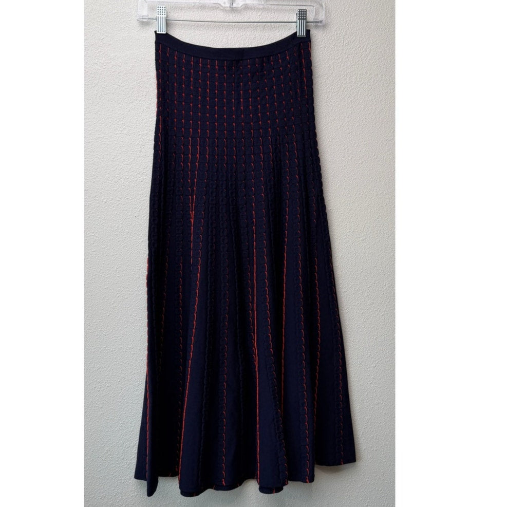 Zara Women Navy Red Striped Knit Midi Skirt US S