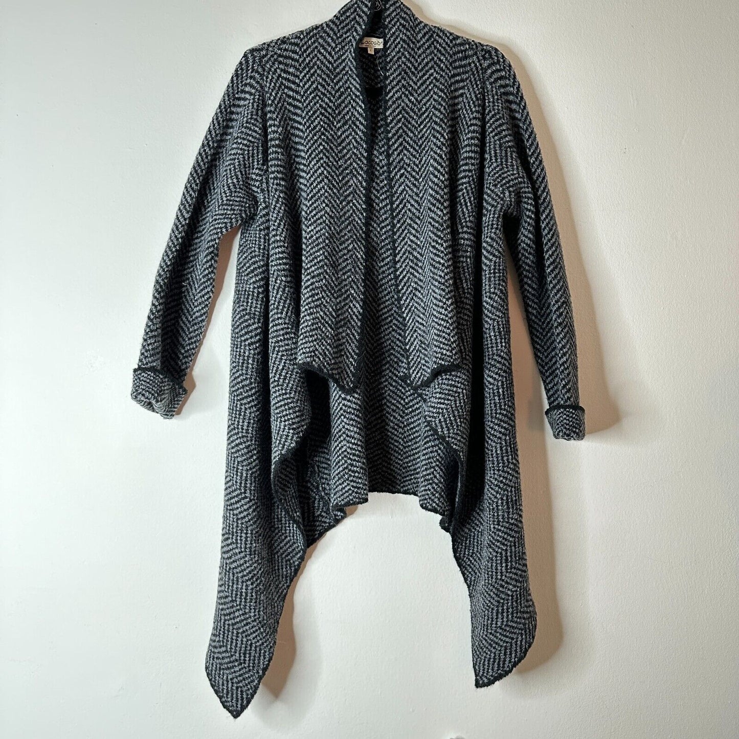 Cocogio Gray & Black Herringbone Waterfall Collar Cardigan Asymmetrical Hem L