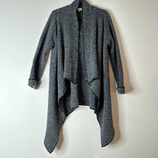 Cocogio Gray & Black Herringbone Waterfall Collar Cardigan Asymmetrical Hem L