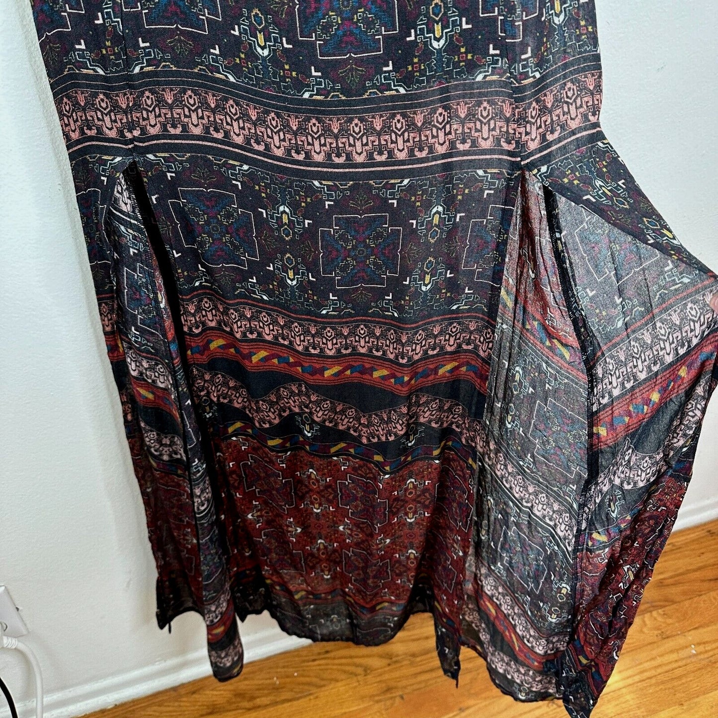 Line & Dot Black Rust Aztec Lace Trim Slit Maxi Cold Shoulder Long Sleeve M