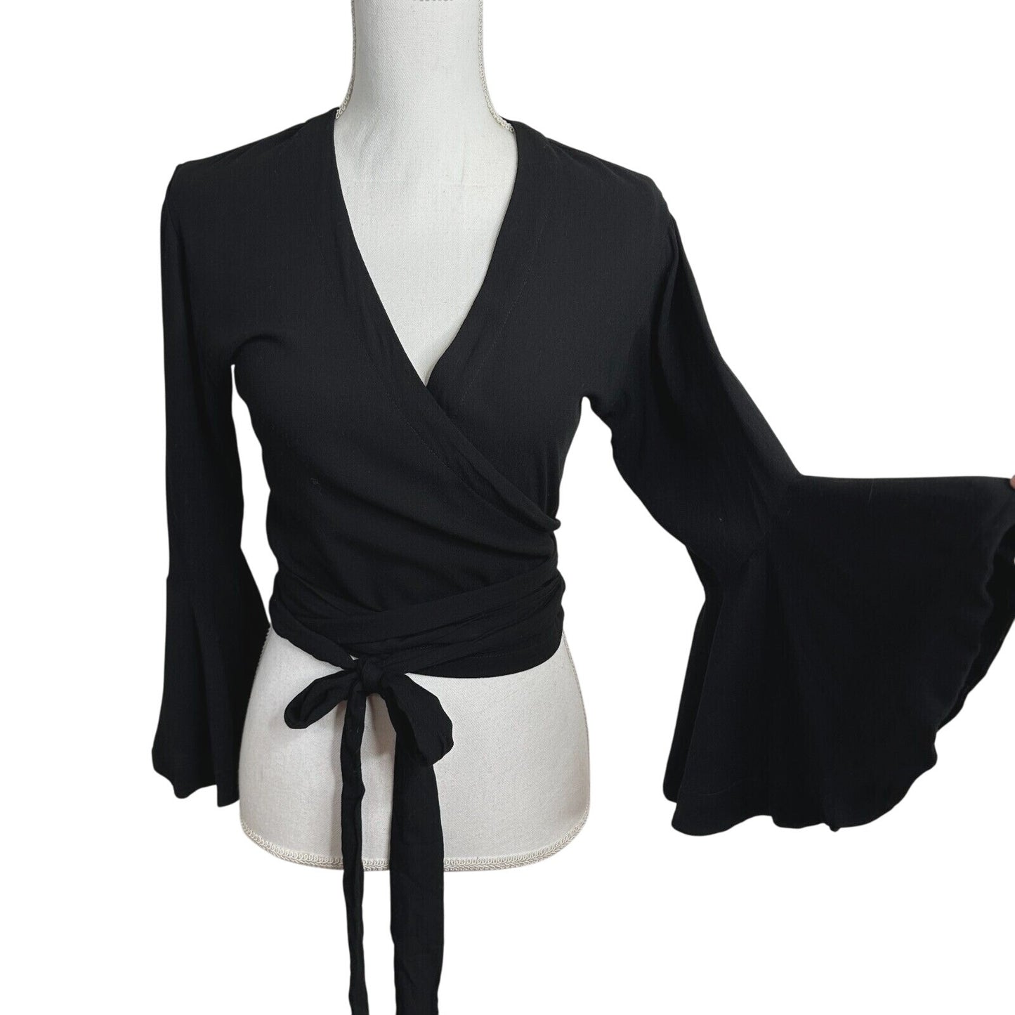 NWT Revolve Indah Lucia Black Wrap Tie Waist Top Plunging VNeck Bell Sleeves XS