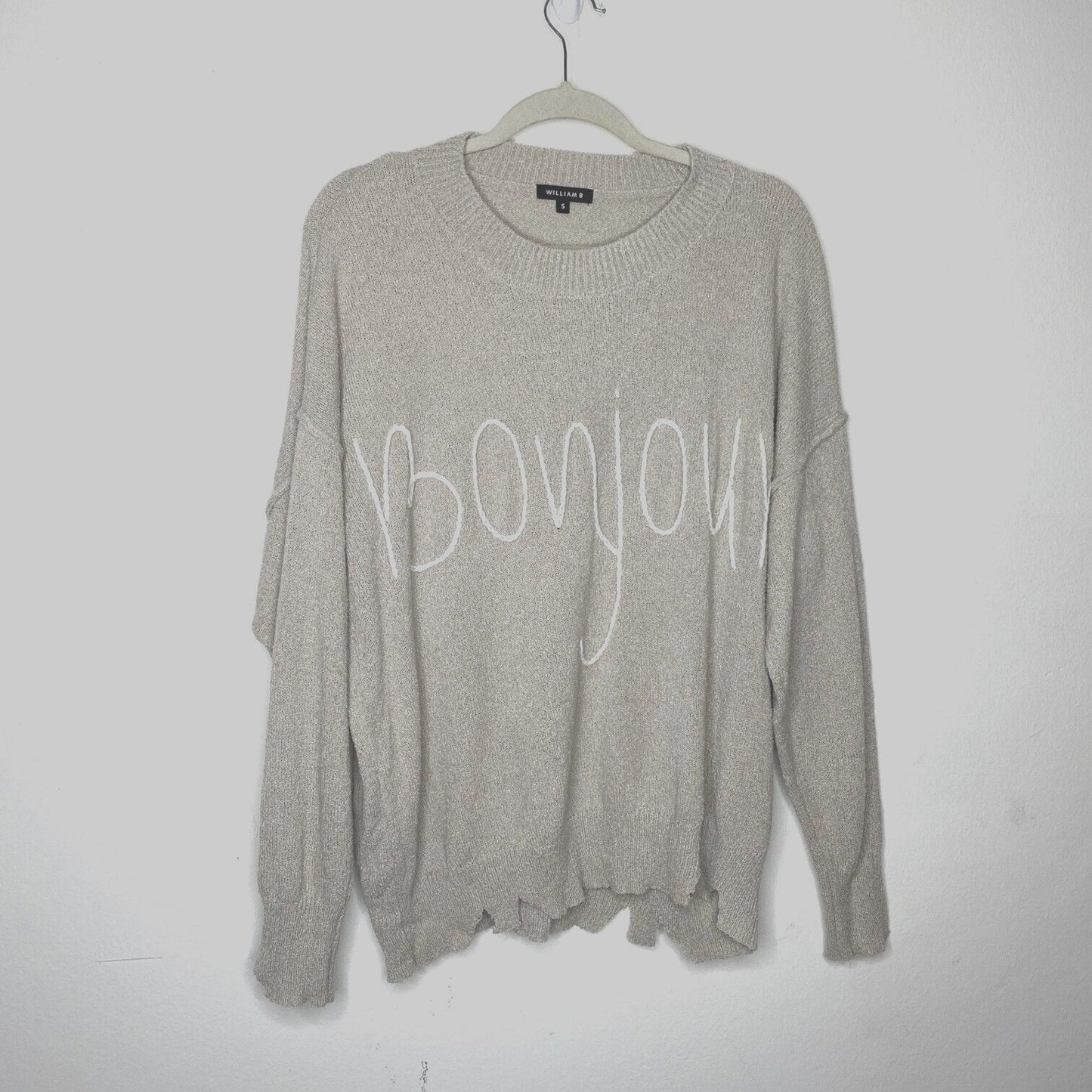 William B Taupe Bonjour Embroidered Oversize Distressed Sweater Long Sleeve S