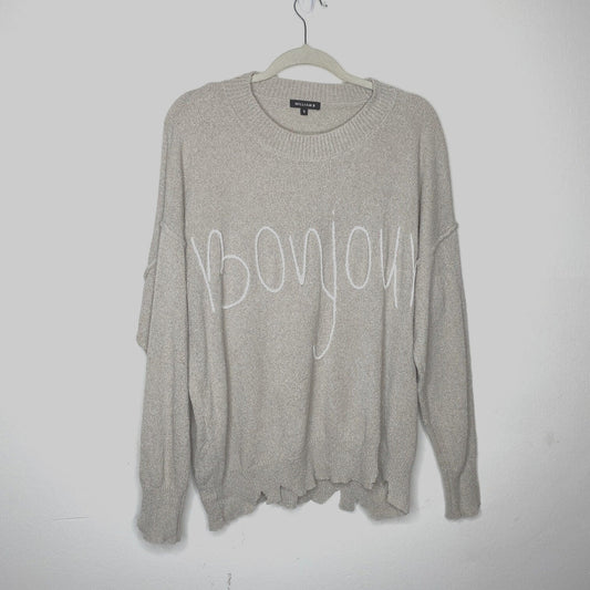 William B Taupe Bonjour Embroidered Oversize Distressed Sweater Long Sleeve S