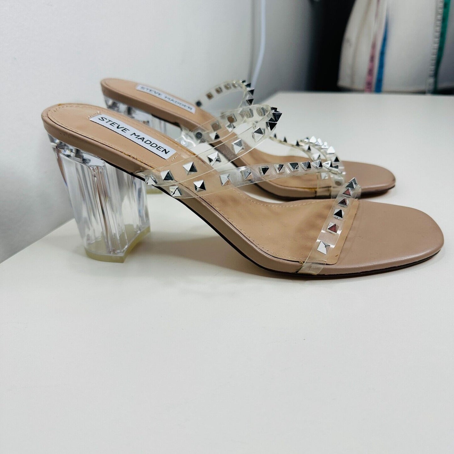 Steve Madden Nude Lucite Tangent Cone Heel Clear Silver Studded Strappy Sandal 9