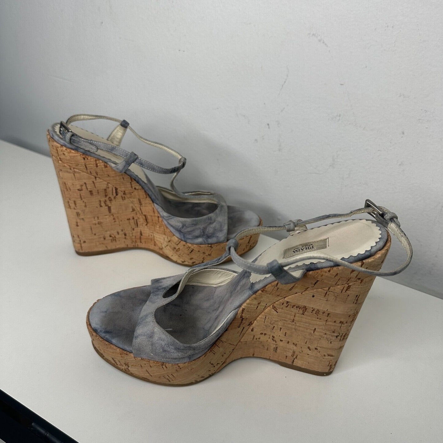 Prada Tie Dye Light Blue Suede Tan Cork Wedge Sandals Ankle Espadrilles 38