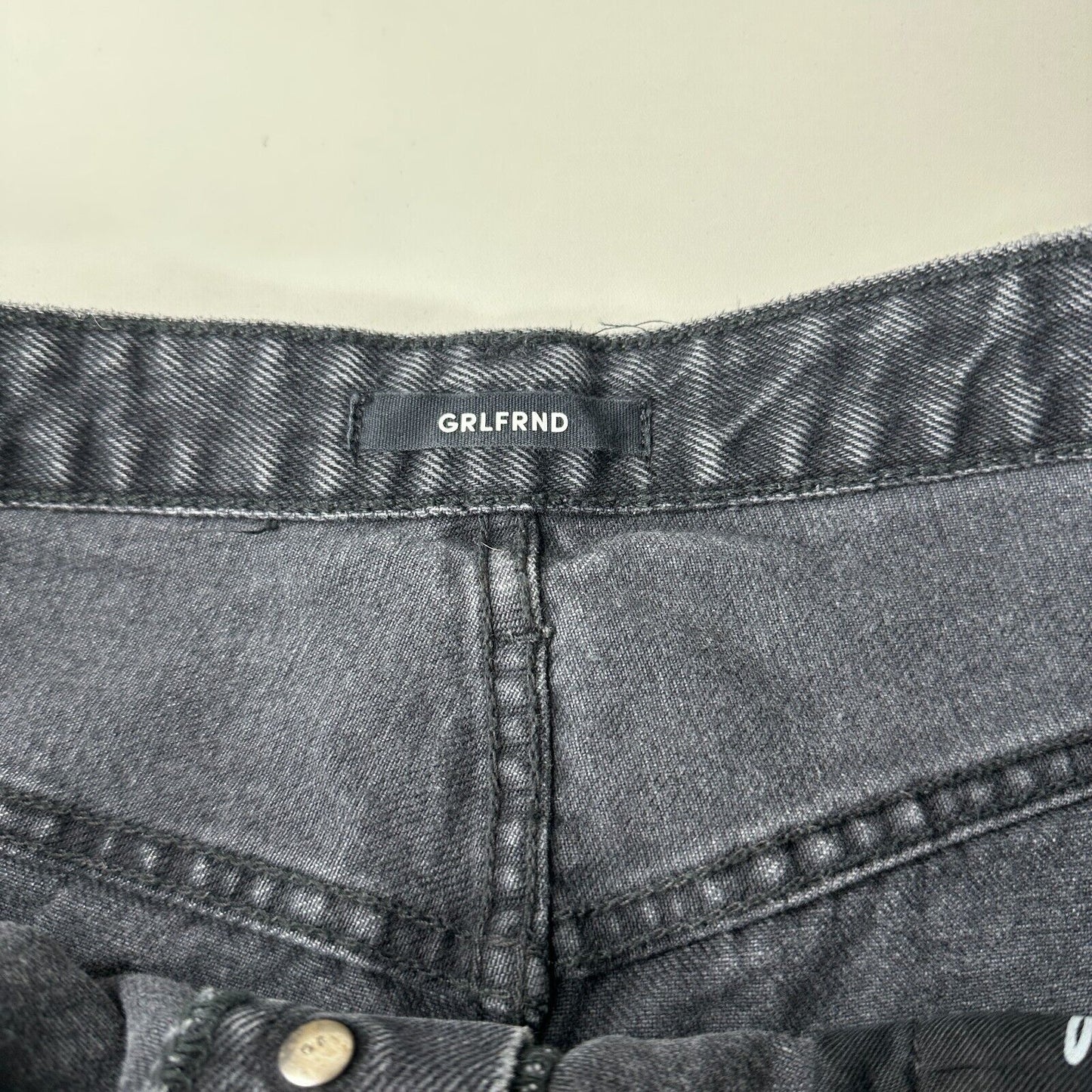 GRLFRND Cindy Hidden Button Fly High Rise Gray Cut-Off Jean Shorts Raw Hem 32