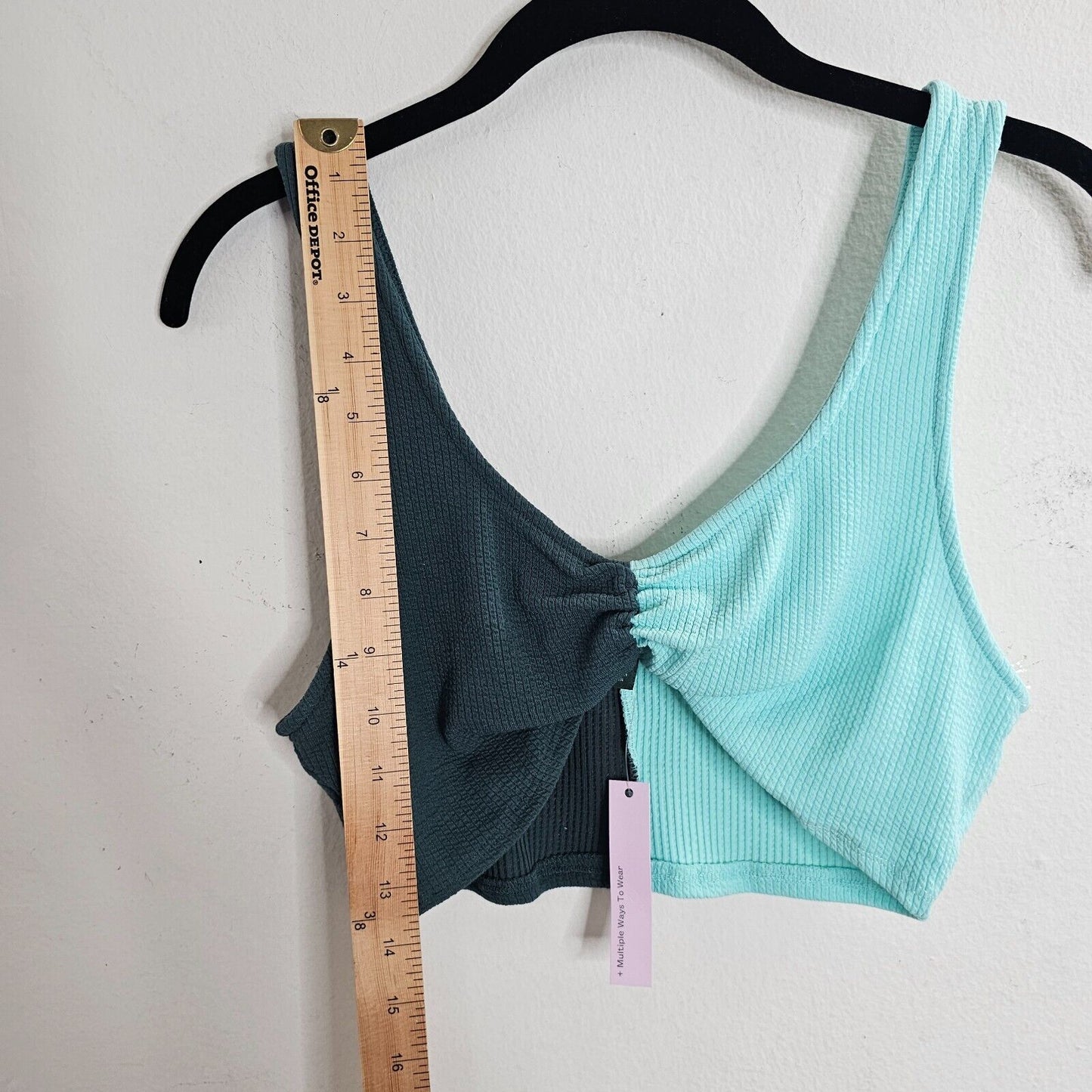 NWT Teal & Black Color Block Front Ruche Stretch Scoop Neck Crop Bralette M