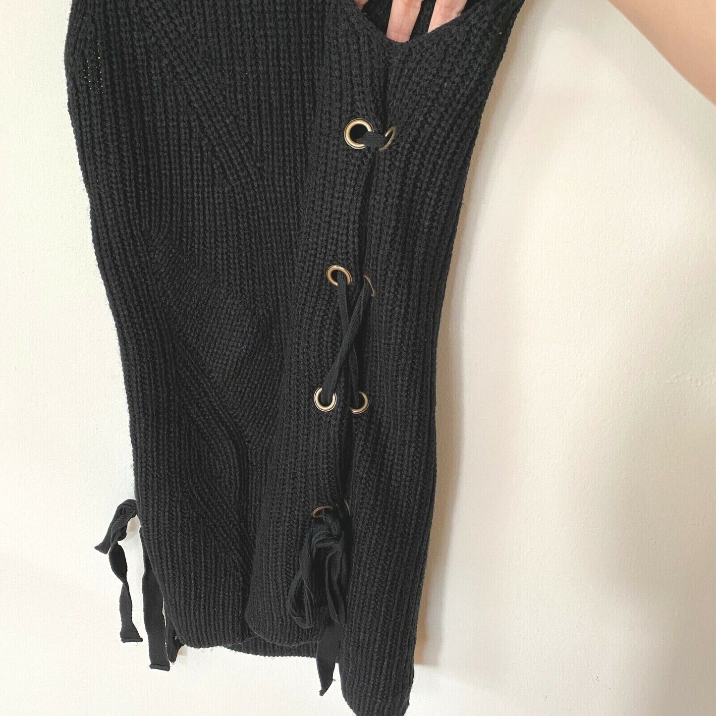 Monteau Black Sleeveless Ribbed Sweater Mini Dress Side Grommet Tie-Lace Up S