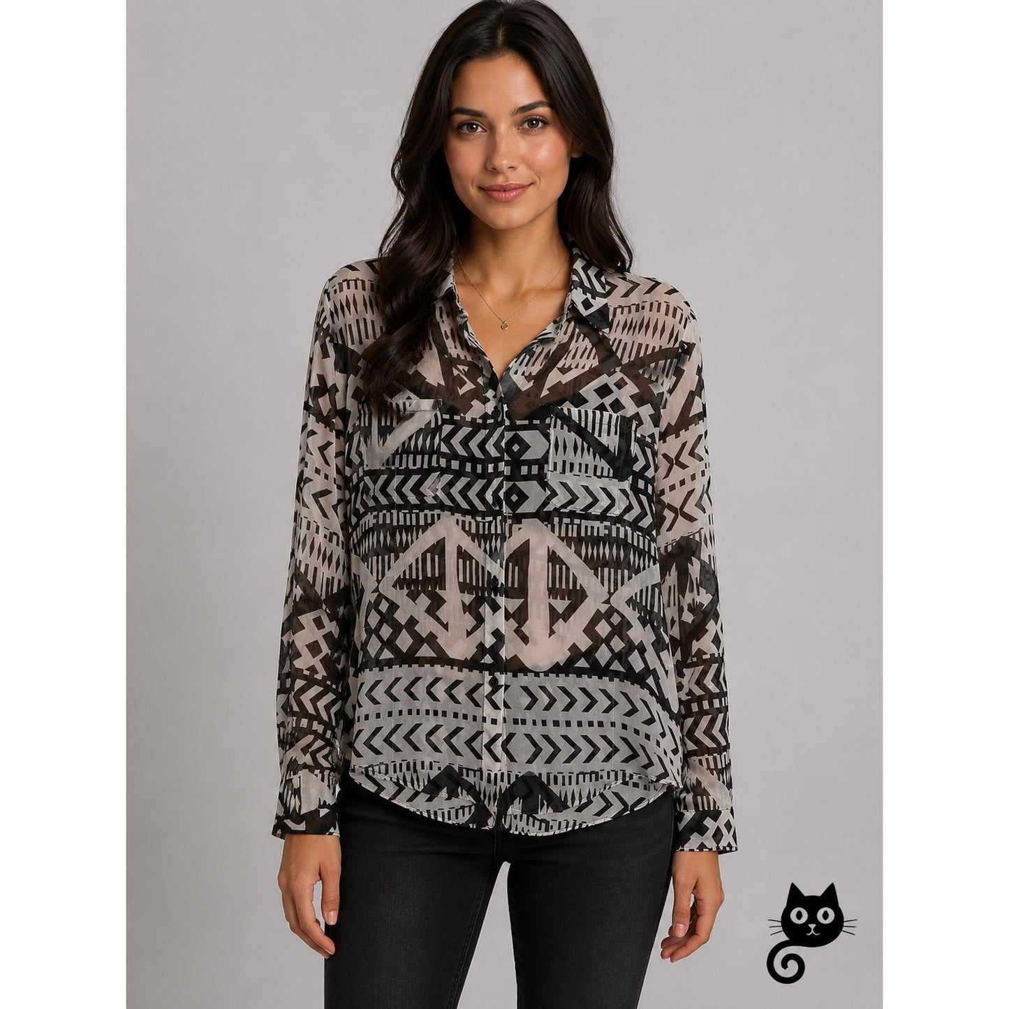 Eight Sixy Black & Gray Aztec Print Sheer Button Long Sleeve Blouse S