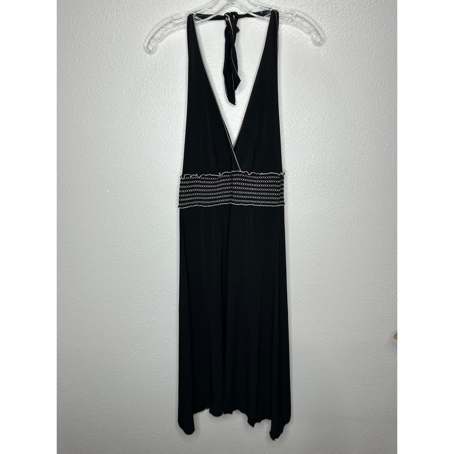 Studio M Black Halter Style Open Back White Smocked Sleeveless Dress S