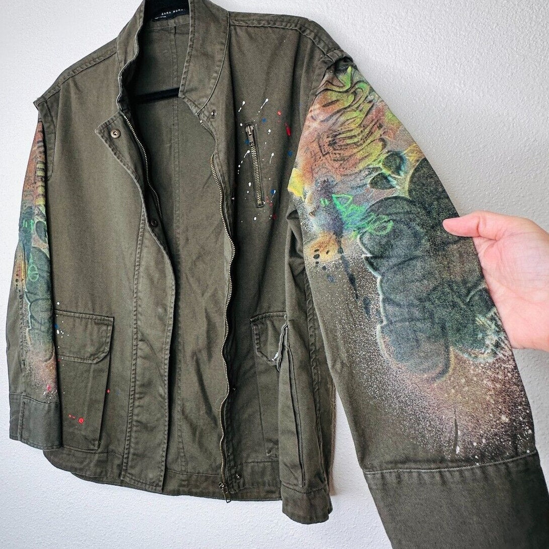 Zara Army Green Grafitti New York Jungle Oversize Zip Utility Jacket 100% Cotton