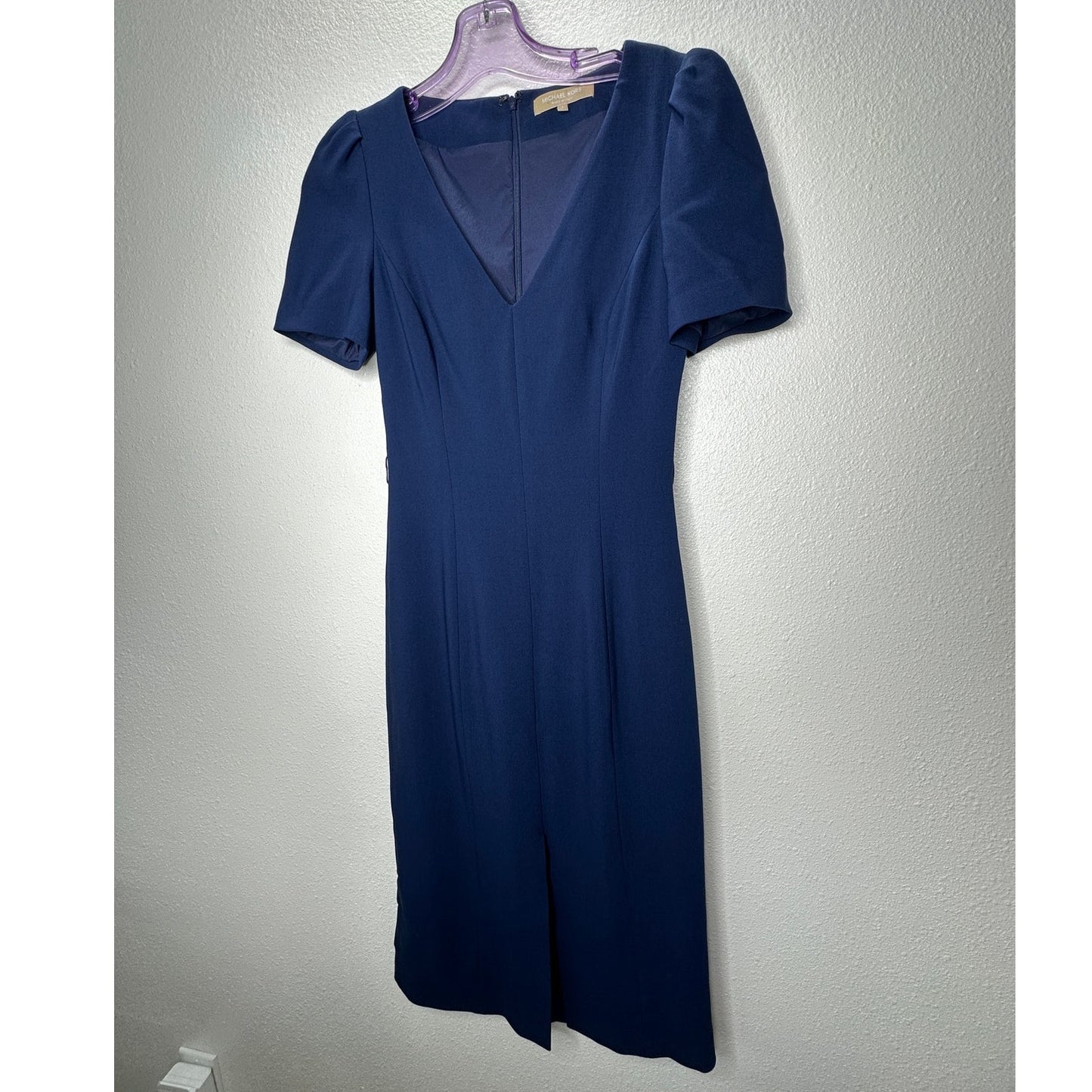 Michael Kors Navy Blue V-Neck Cap Sleeve Front Slit Fitted Midi Dress 2