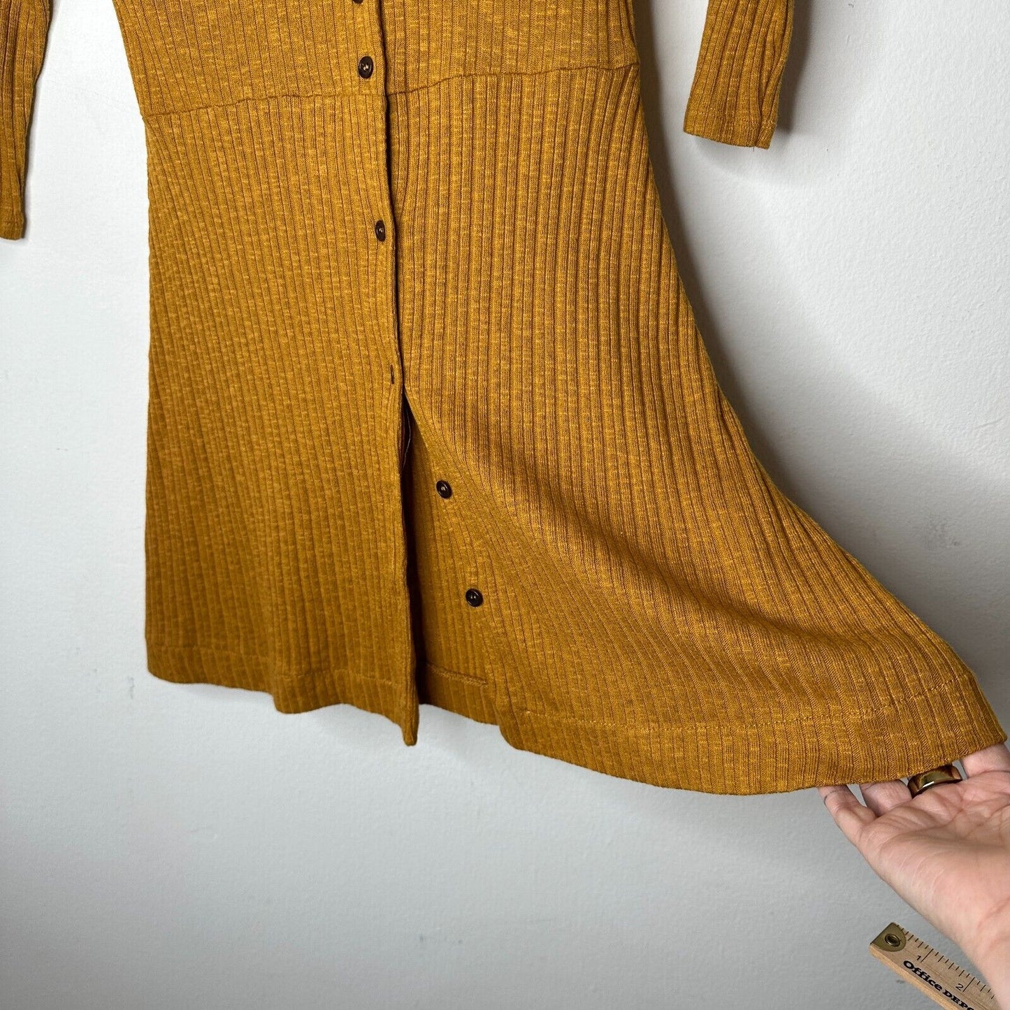 Pull & Bear Golden Yellow Cotton Rib Long Sleeve VNeck Button Up Mini Dress S