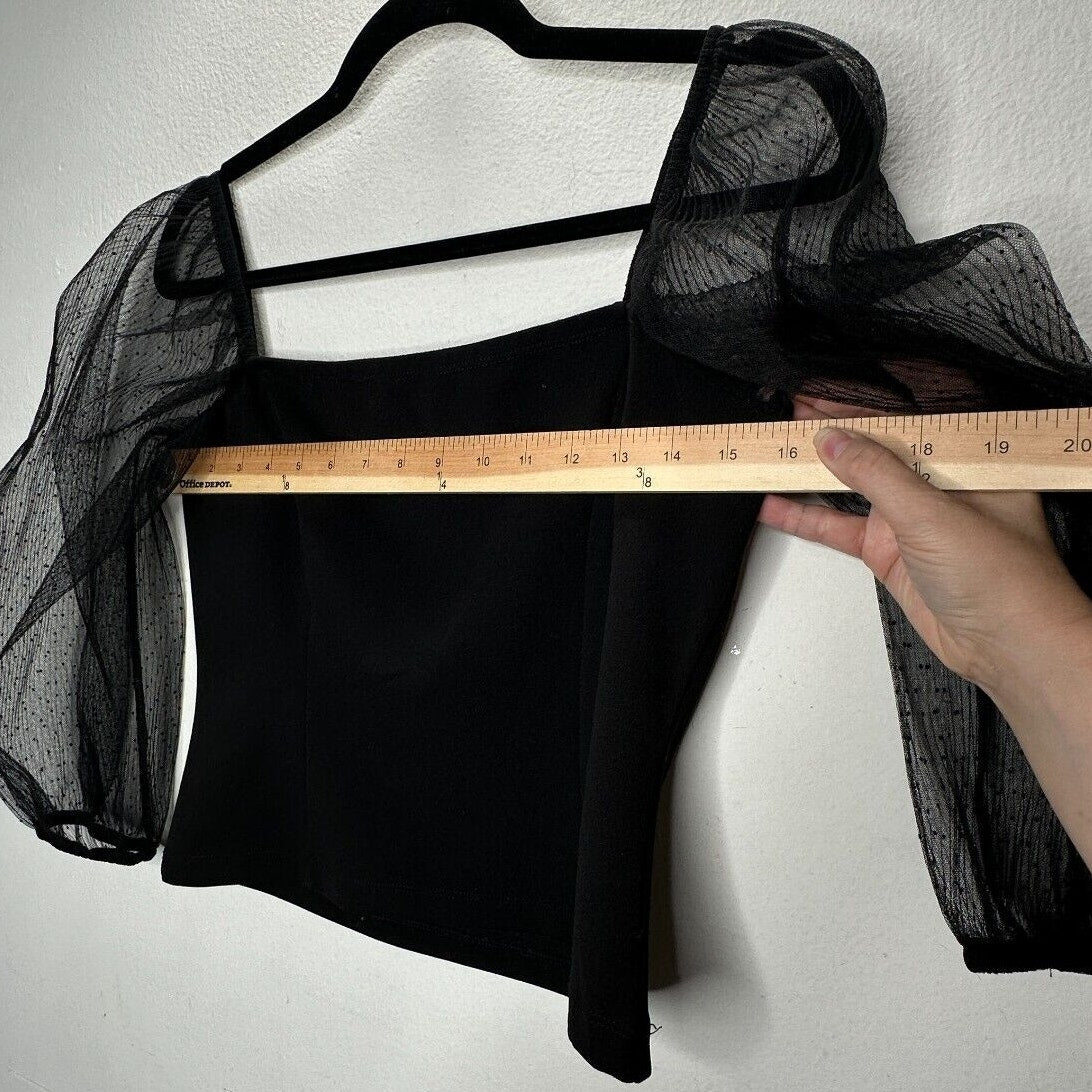 Socialite Black Square Neck Sheer Polka Dot Mesh Balloon Sleeve Crop Top M
