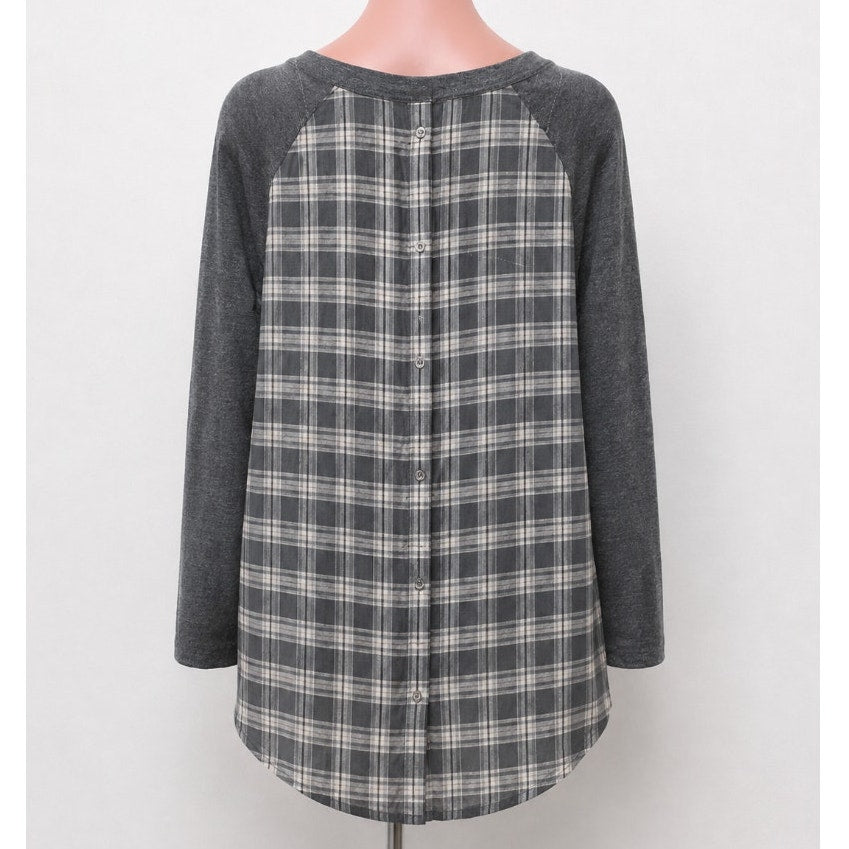 Ann Taylor Loft High Low Medium Gray Top Gray Blue & Cream Plaid Button Down XSP